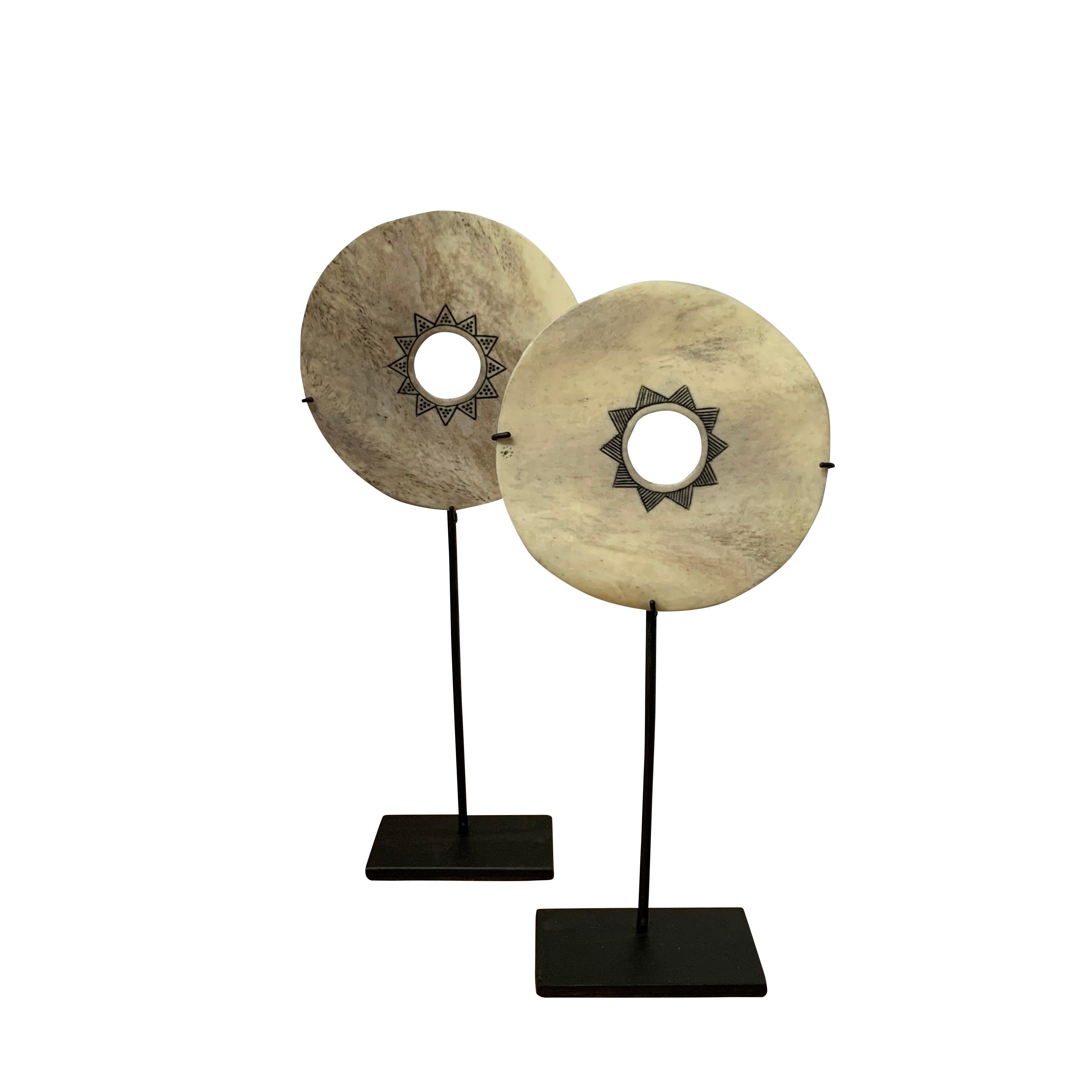 Set of Three Engraved White Bone Discs on Stands, Indonesia, Contemporary 4