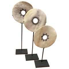 Set of Three Engraved White Bone Discs on Stands, Indonesia, Contemporary