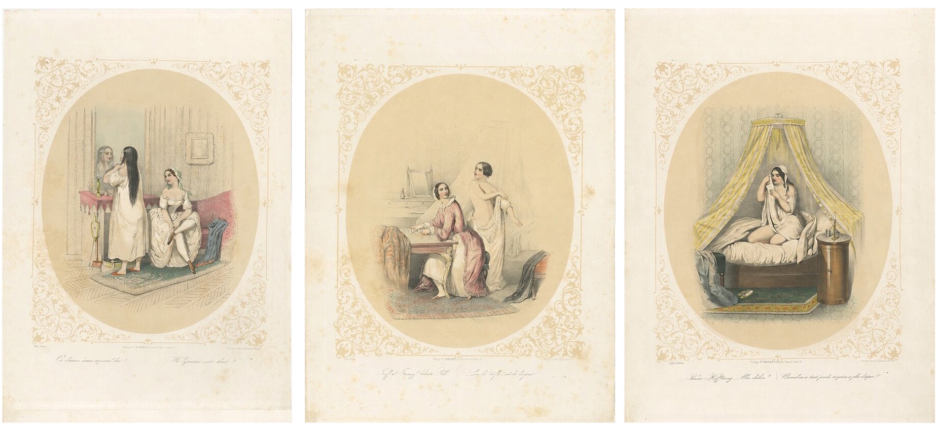 Set of Three Erotic Boudoir Lithographs, Berlin, circa 1850