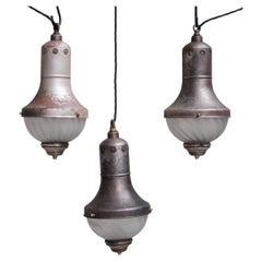 Set of Three Etched Glass Antique Pendant Lights