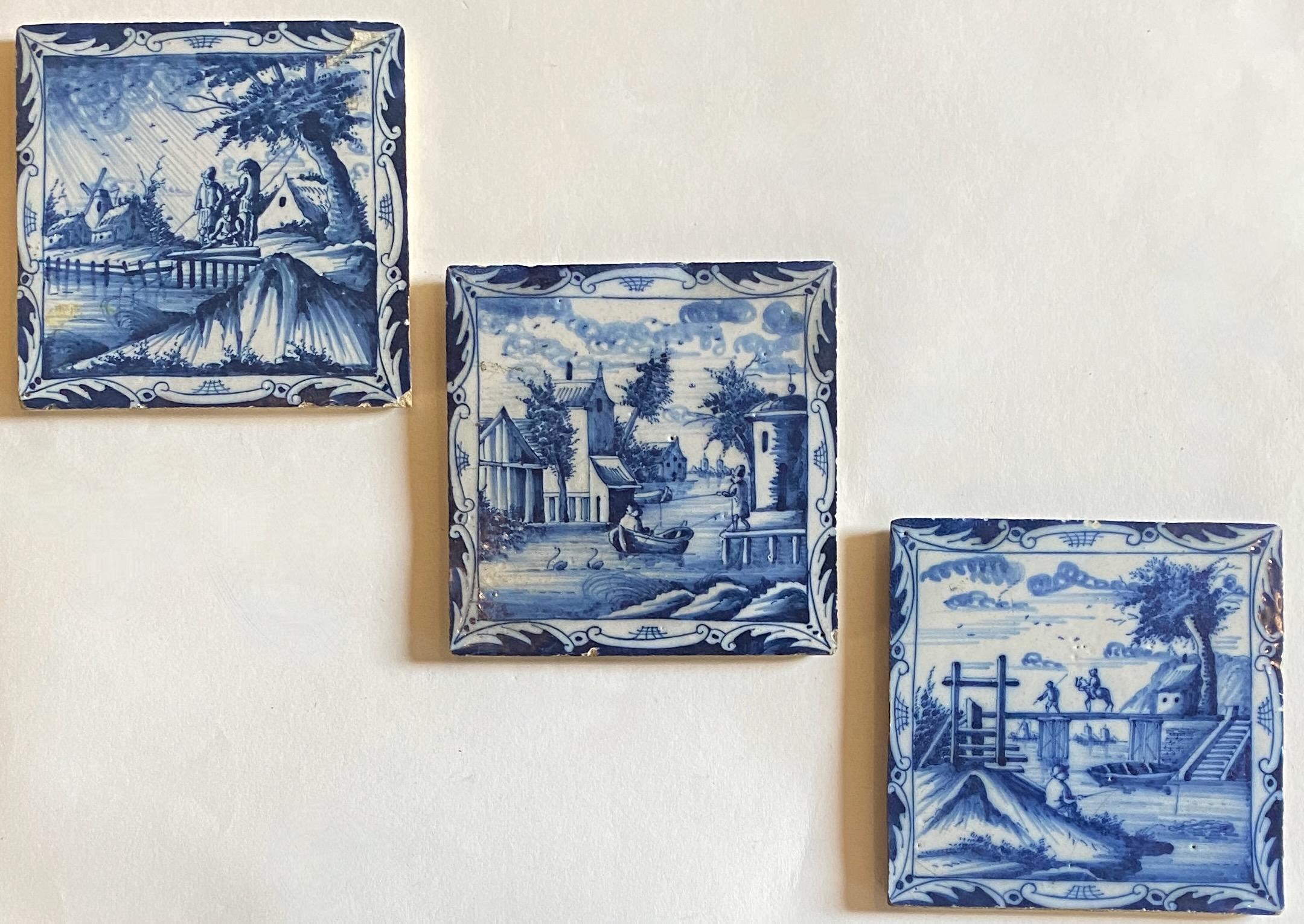 A set of three exceptional Delft tiles.
18th century (possibly older).
Delftware' describes all the tin-glazed earthenwares made in the Netherlands and Britain. From the 1600s the most famous was made in Delft in South Holland. The well-known blue