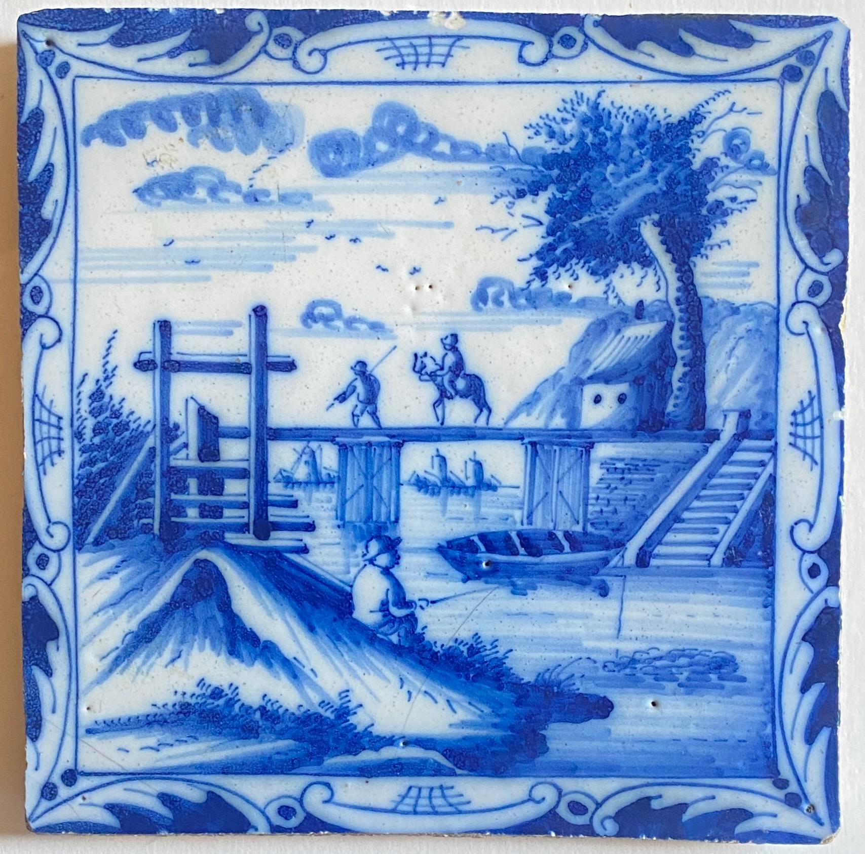Dutch Set of Three Exceptional 18th Century Hand Painted Delft Tiles