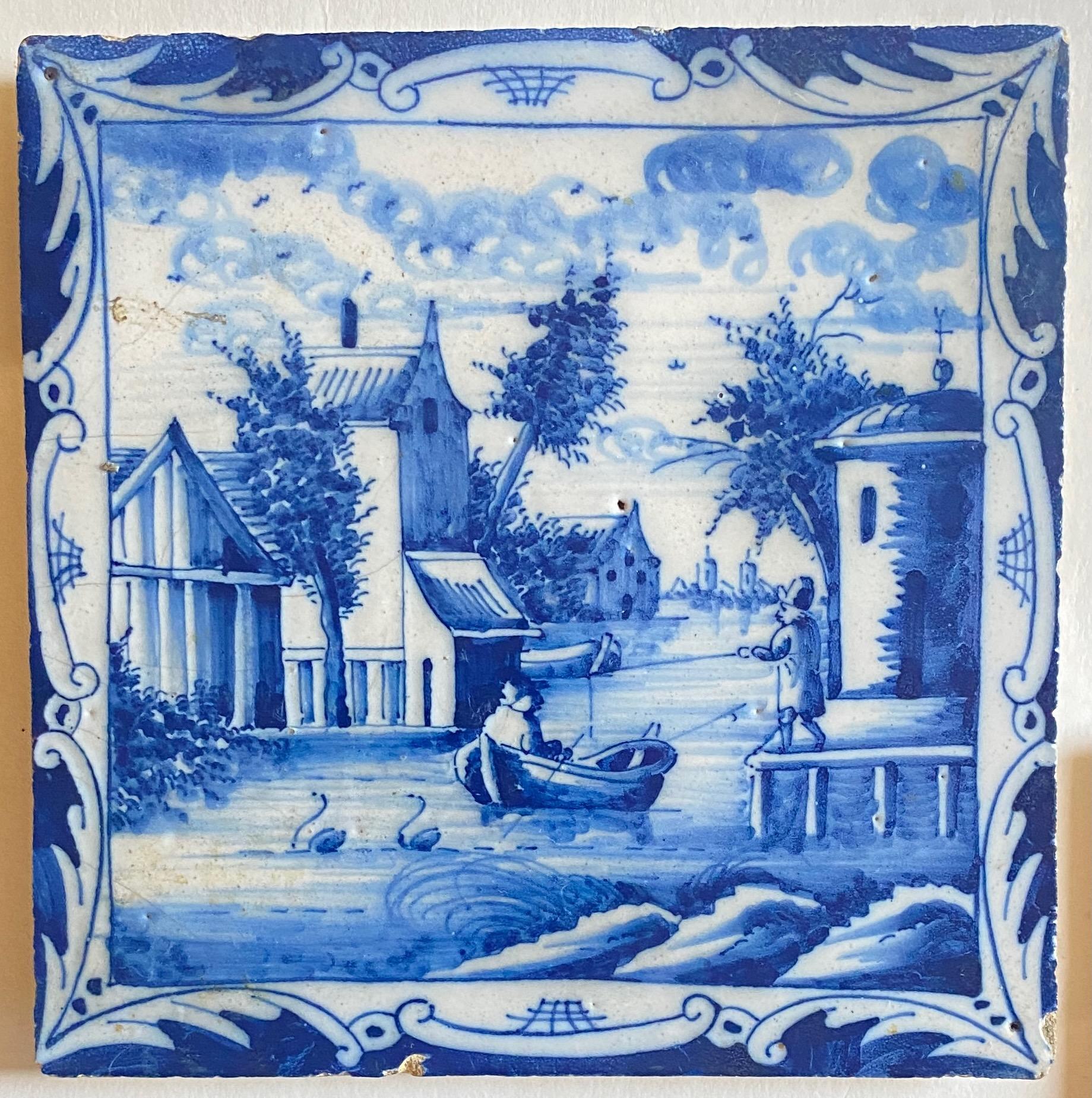 Hand-Painted Set of Three Exceptional 18th Century Hand Painted Delft Tiles