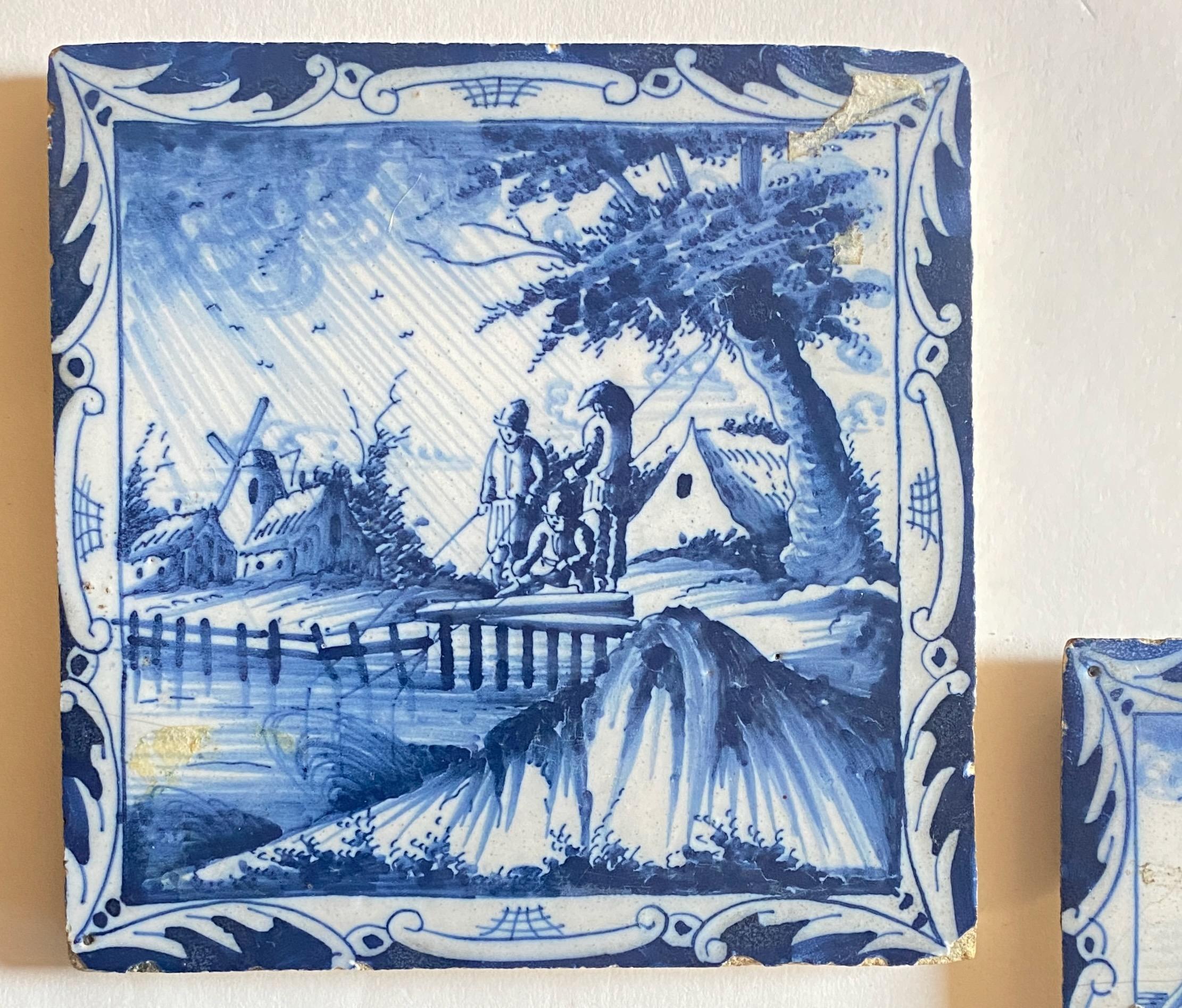 Set of Three Exceptional 18th Century Hand Painted Delft Tiles In Good Condition In San Francisco, CA