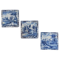 Antique Set of Three Exceptional 18th Century Hand Painted Delft Tiles