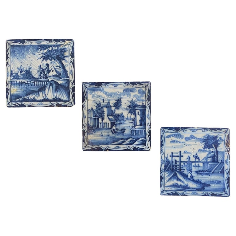 Set of Three Exceptional 18th Century Hand Painted Delft Tiles For Sale