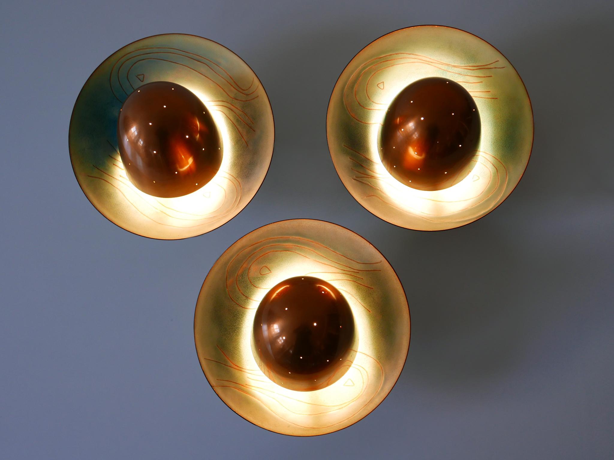 Enameled Set of Three Exceptional Mid-Century Modern Scandinavian Copper Sconces, 1960s For Sale