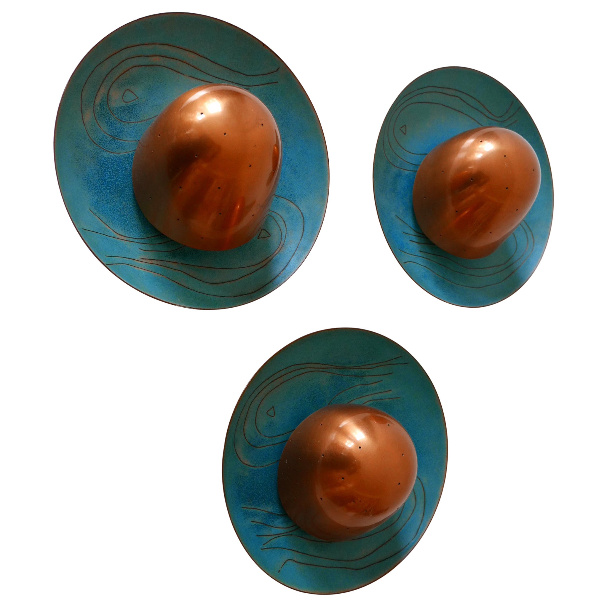 Set of Three Exceptional Mid-Century Modern Scandinavian Copper Sconces, 1960s