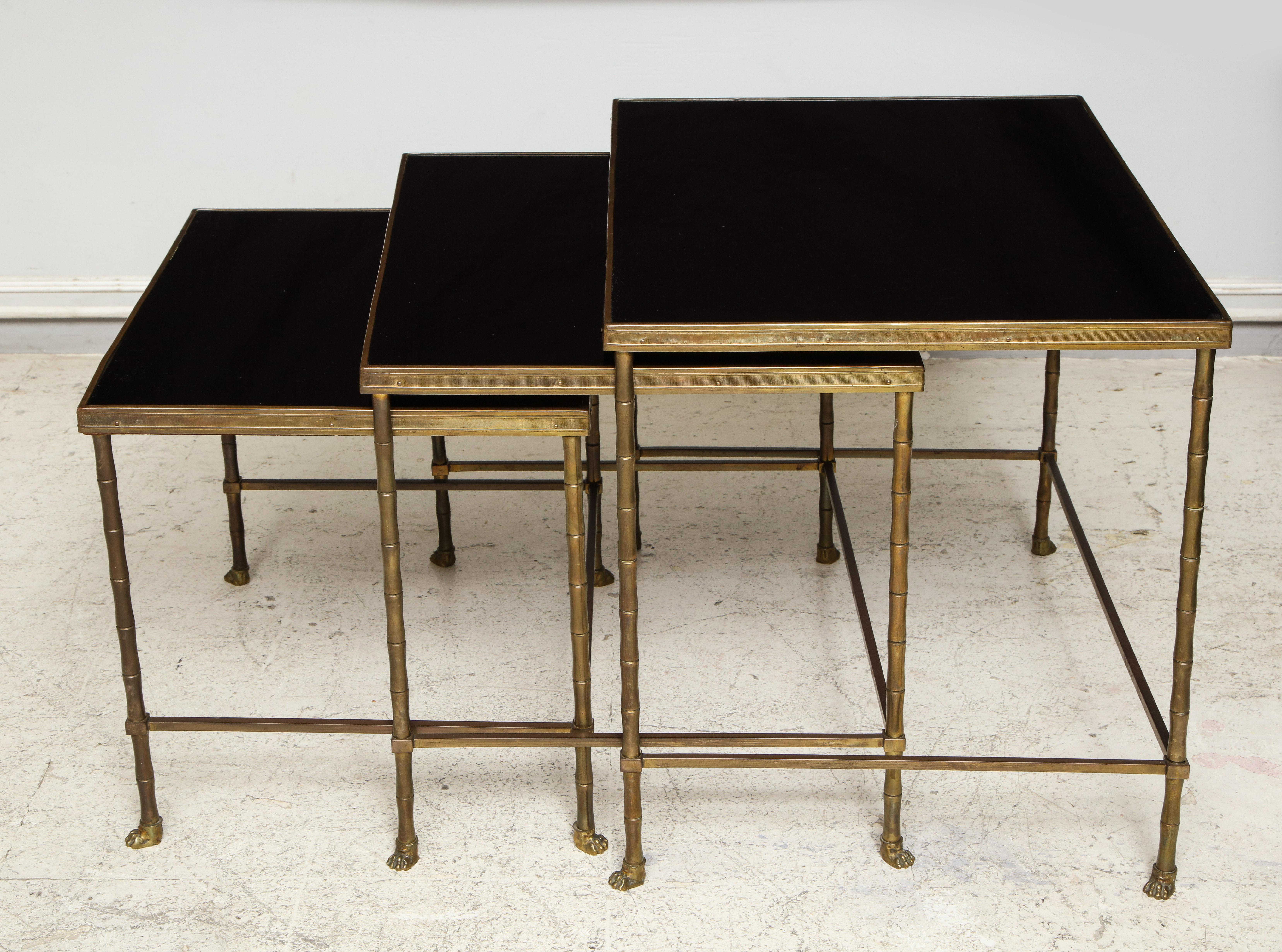 French Set of Three Faux-Bamboo Brass Nesting Tables