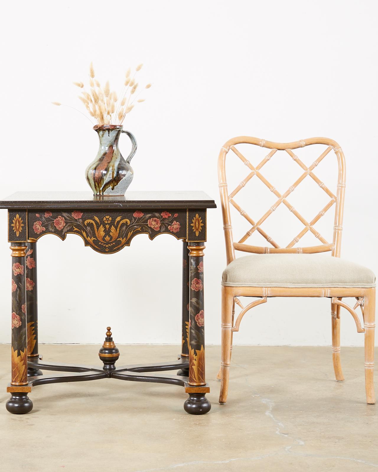 Distinctive set of three dining chairs featuring handcrafted faux-bamboo frames. Made in the Chinese Chippendale taste with geometric design open fretwork backs and finish with a cerused or white washed patina that showcases the light blonde wood.