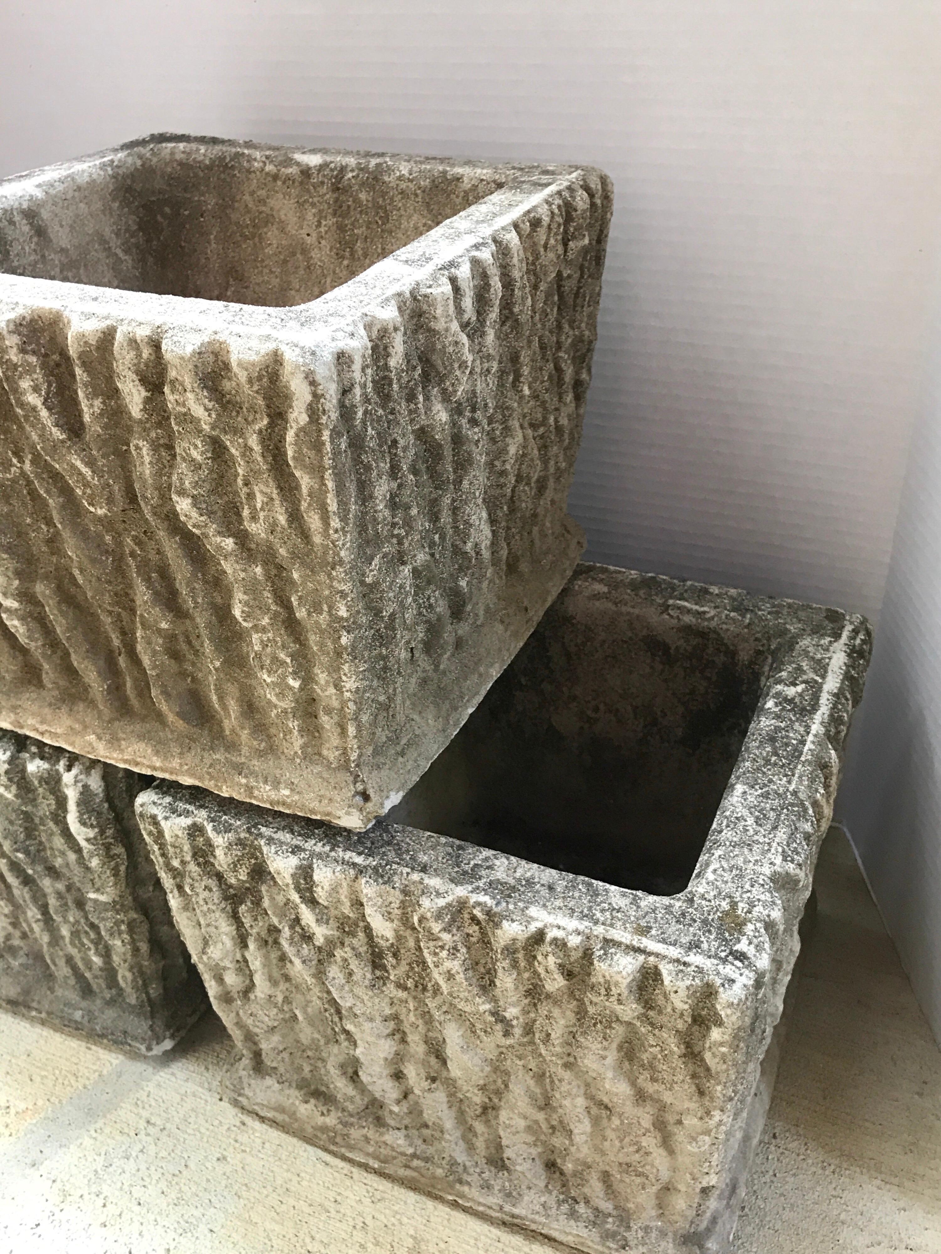 Set of Three Faux Bois Cast Stone Planters 1
