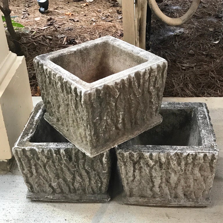 Set of Three Faux Bois Cast Stone Planters For Sale at 1stdibs