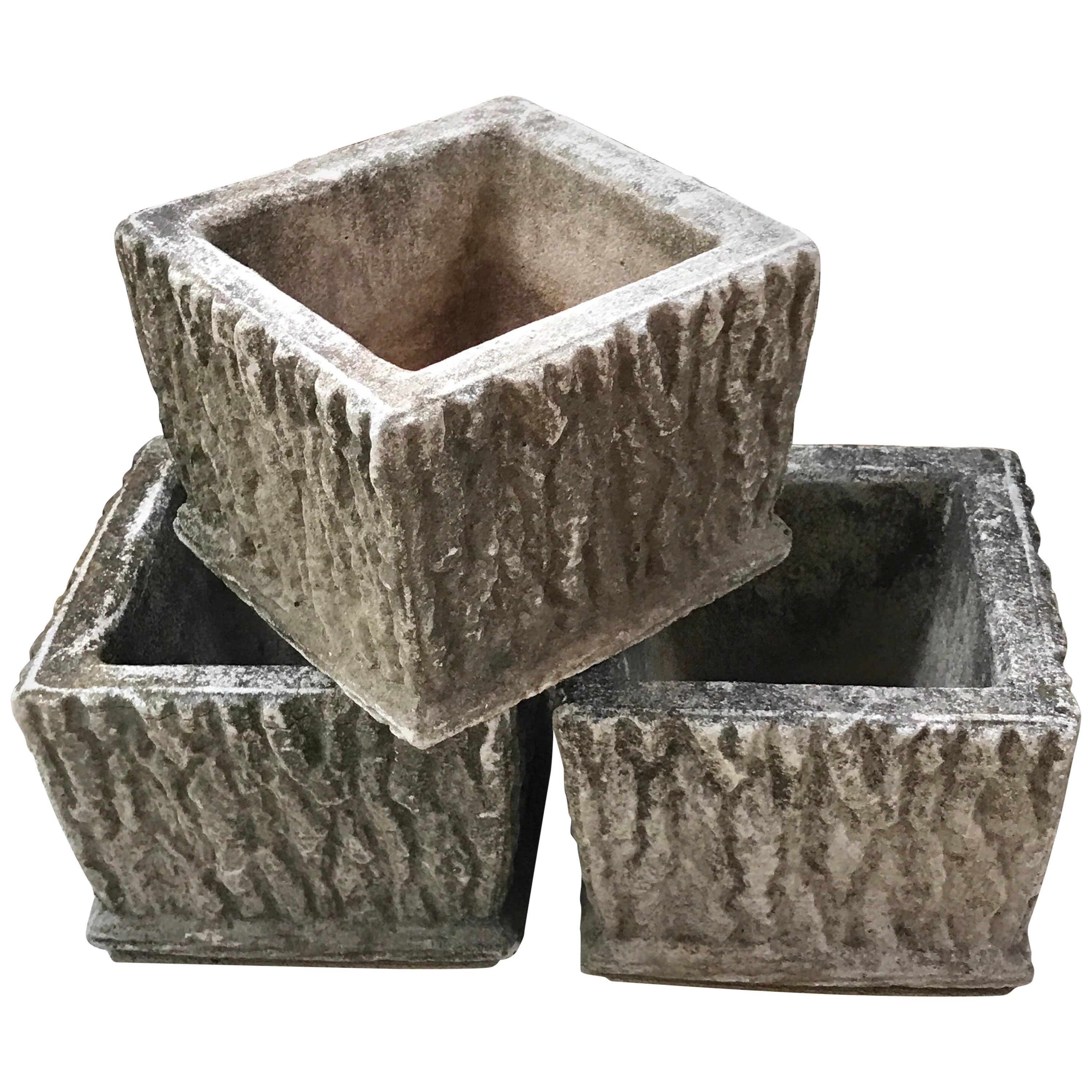 Set of Three Faux Bois Cast Stone Planters