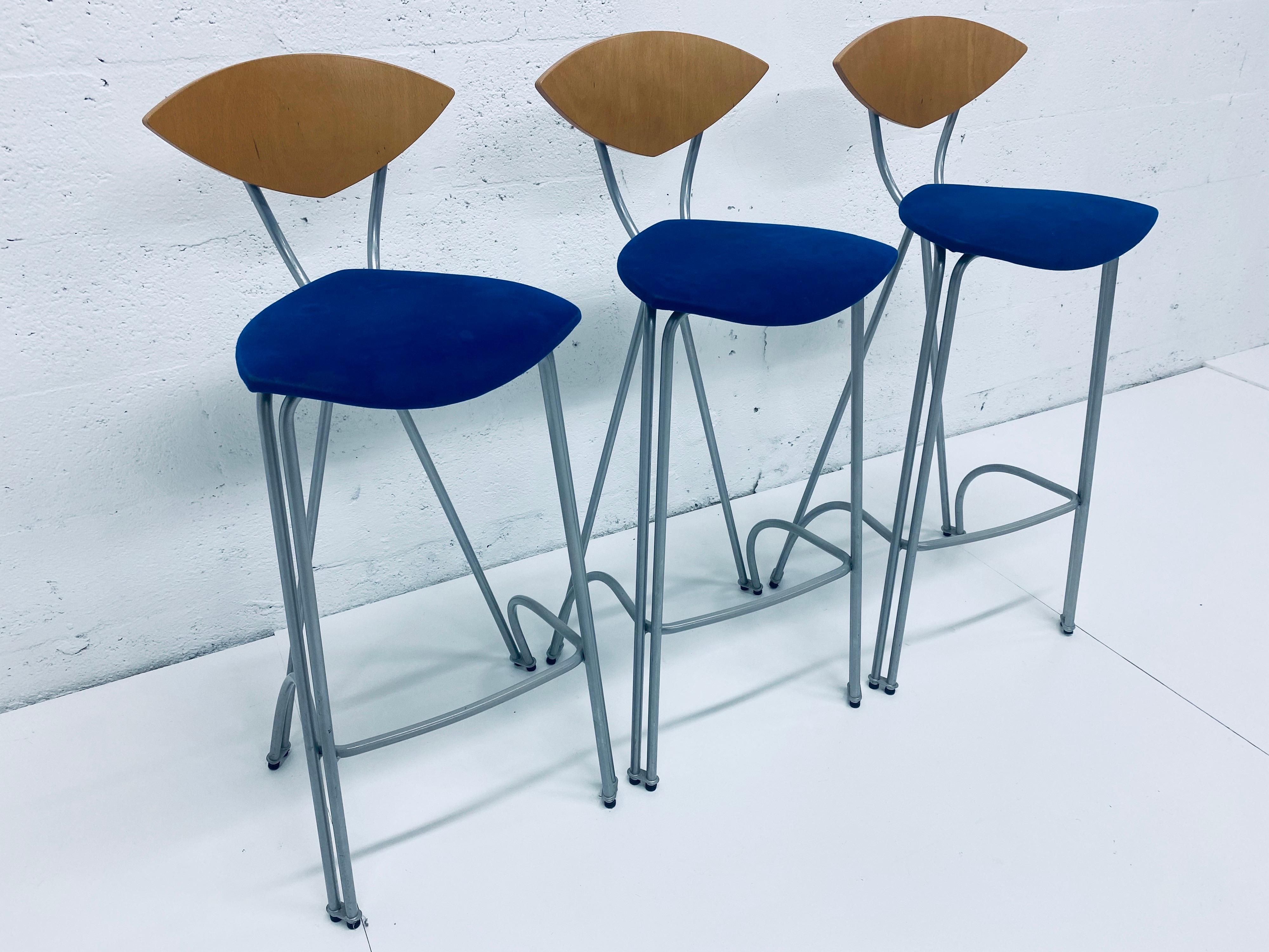 Three Postmodern barstools from the 1990s by Federico Giner, Spain. Will need new seat upholstery.