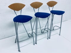 Set of Three Federico Giner Postmodern Gray Steel and Wood Back Bar Stools