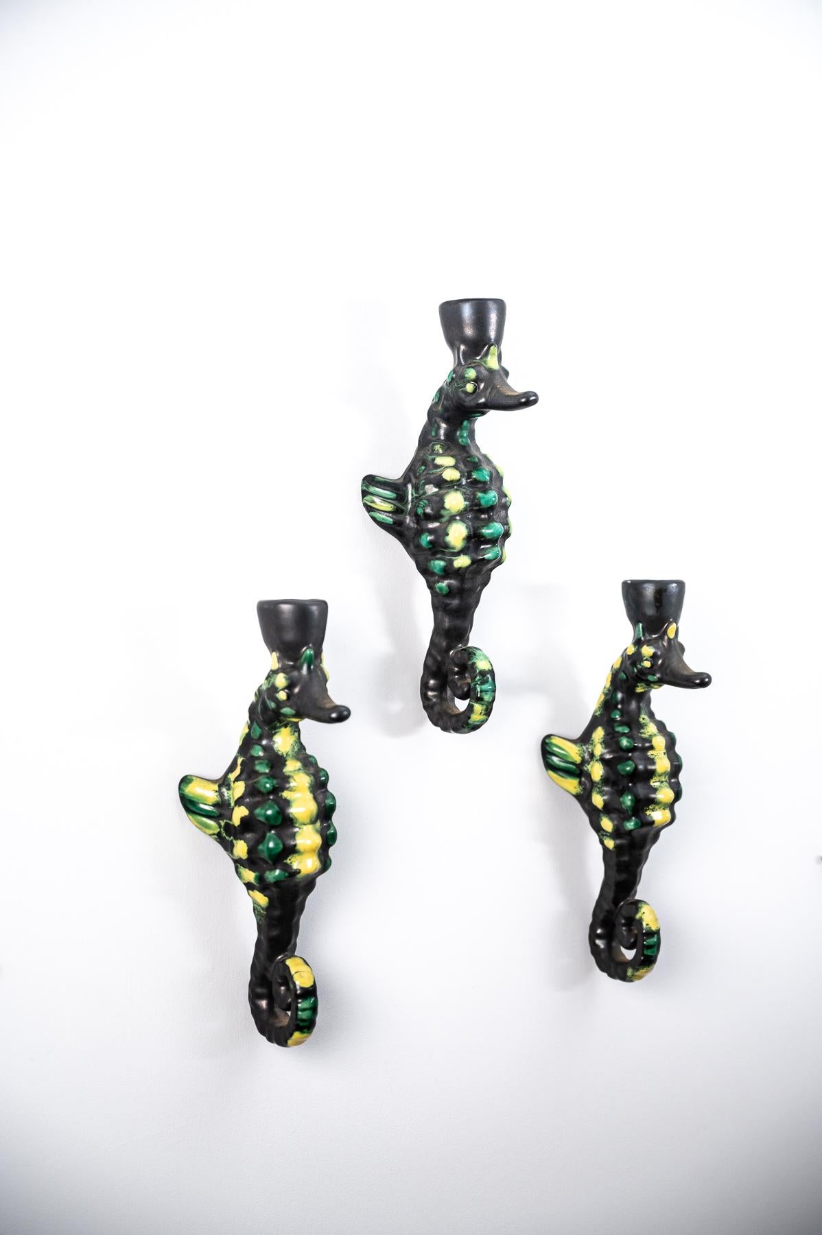set of three mid century Vallauris ceramic seahorse wall lights by Albert Ferlay

Stamped to the underside “Creation A Ferlay Vallauris”

France circa 1950-60

(priced for the 3)


