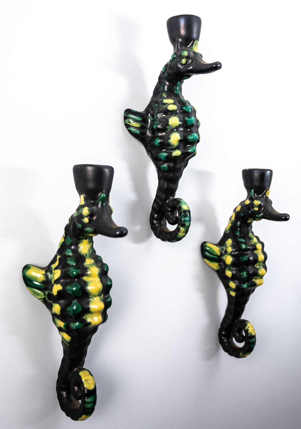 set of three Ferlay Vallauris Hippocampe wall lamps 1