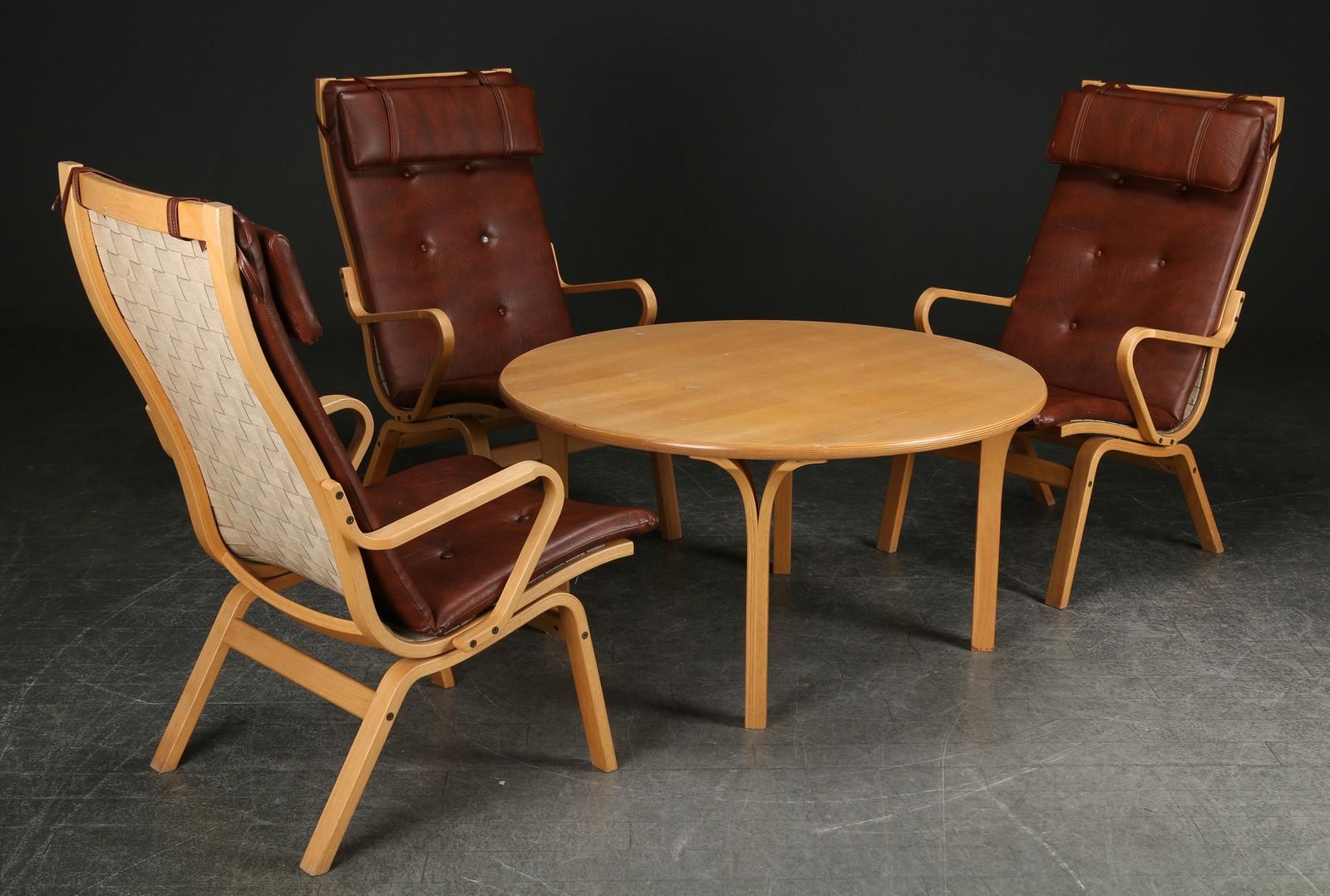 Mid-Century Modern Set of Three Finn Østergaard Midcentury Swedish Armchairs w/ Round Coffee Table