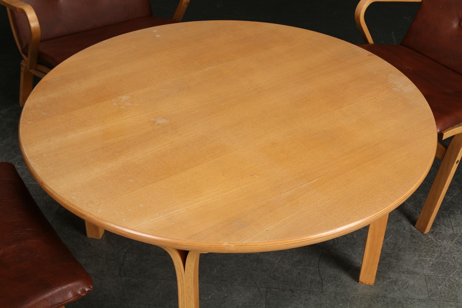 Woodwork Set of Three Finn Østergaard Midcentury Swedish Armchairs w/ Round Coffee Table