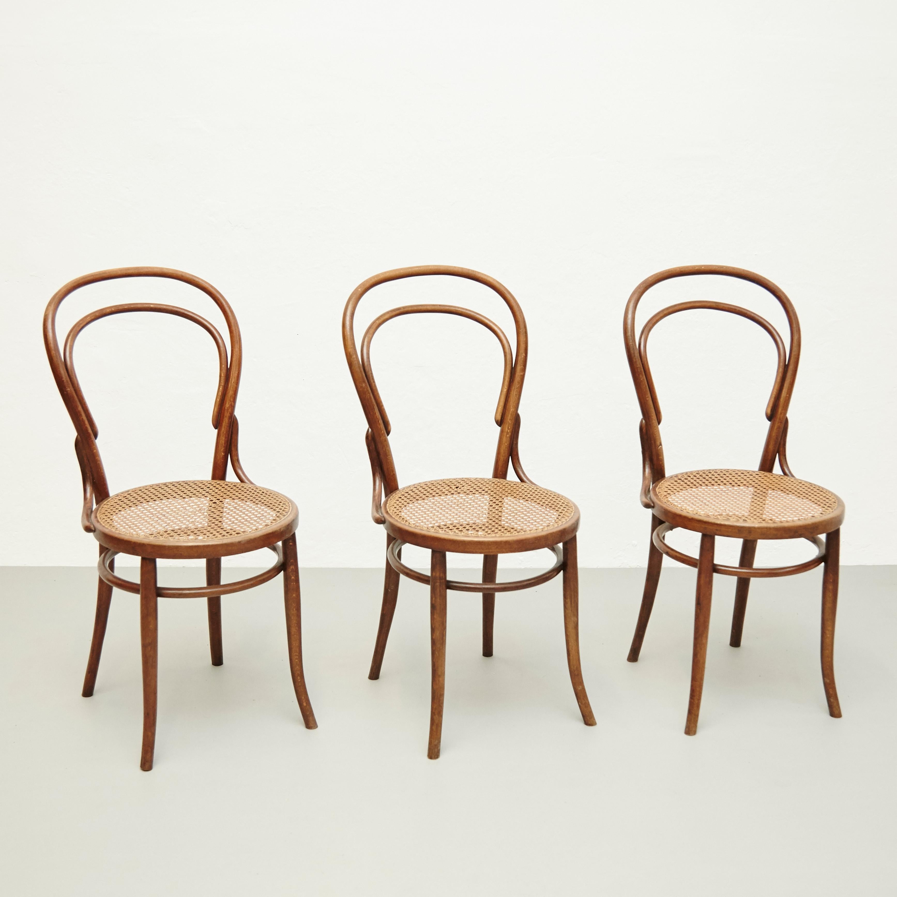 Set of Three Fischel Chairs in Bentwood and Rattan, circa 1940 8