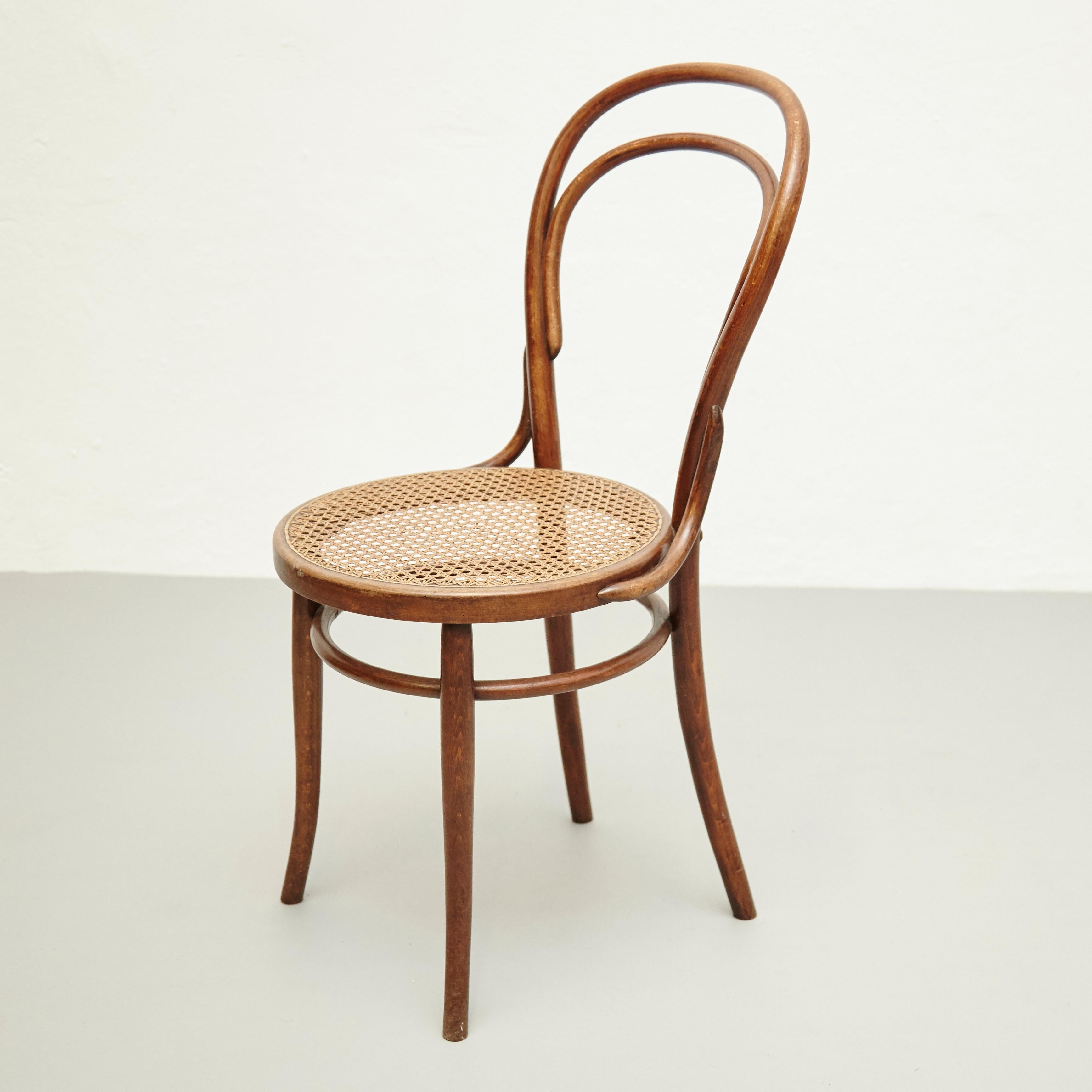 French Set of Three Fischel Chairs in Bentwood and Rattan, circa 1940