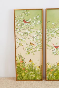 Set of Three Flora and Fauna Chinoiserie Triptych Panels