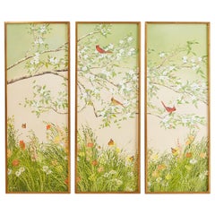 Set of Three Flora and Fauna Chinoiserie Triptych Panels