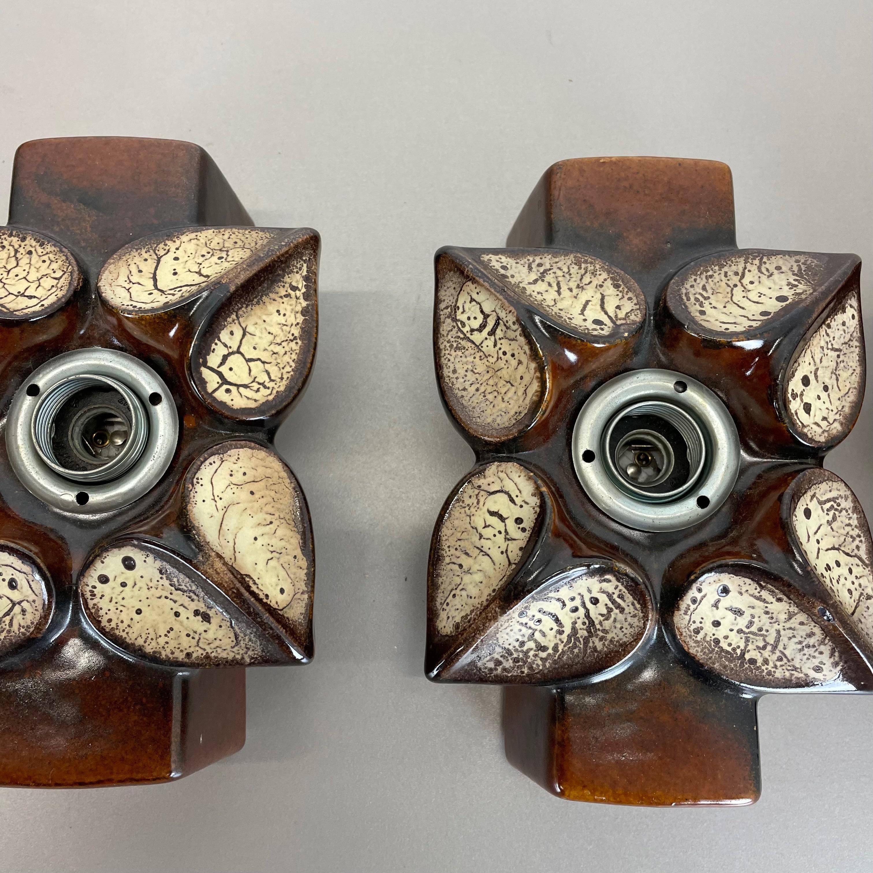 Set of Three Floral Ceramic Fat Lava Wall Lights by Pan Ceramics, Germany, 1970s 6