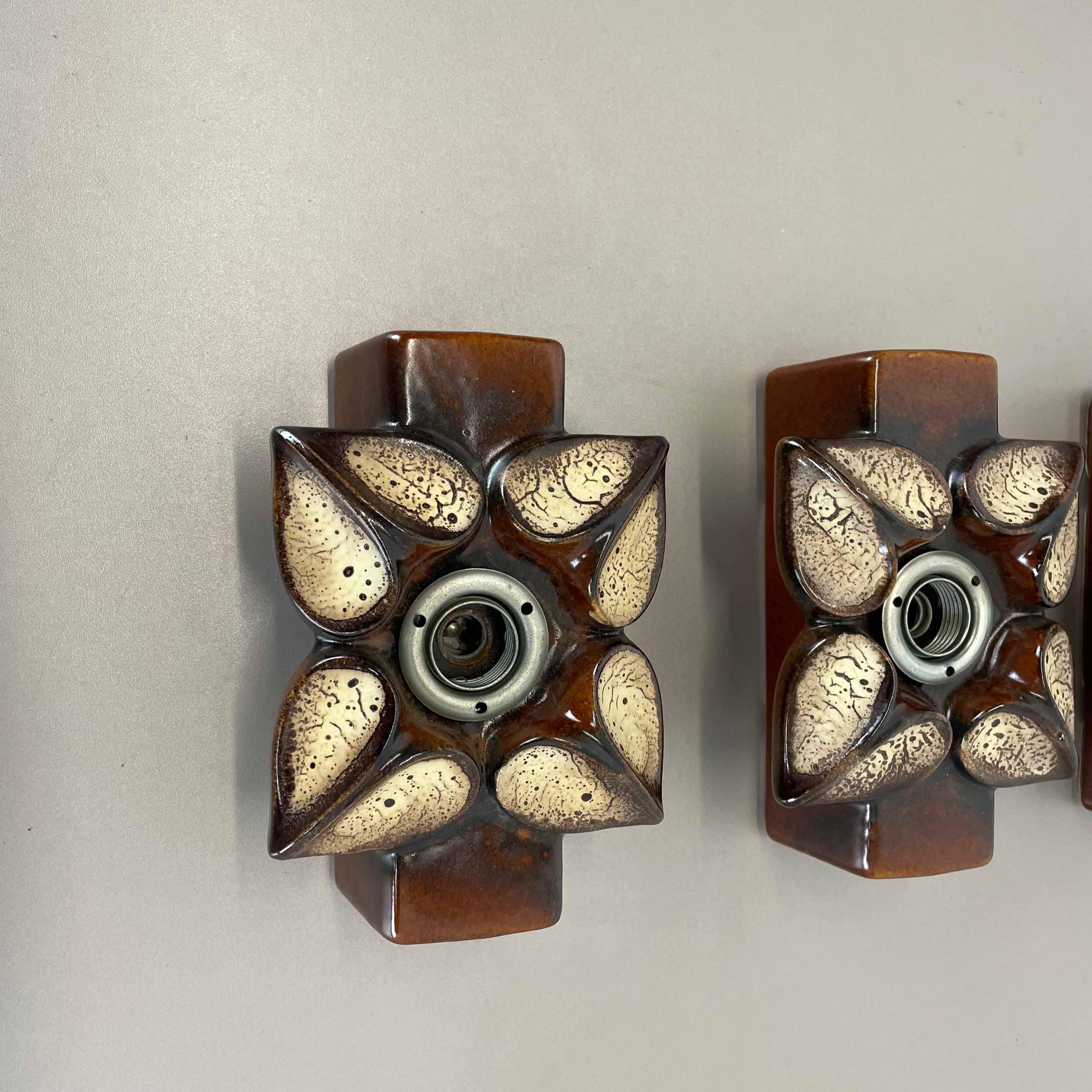 Set of Three Floral Ceramic Fat Lava Wall Lights by Pan Ceramics, Germany, 1970s In Good Condition In Kirchlengern, DE