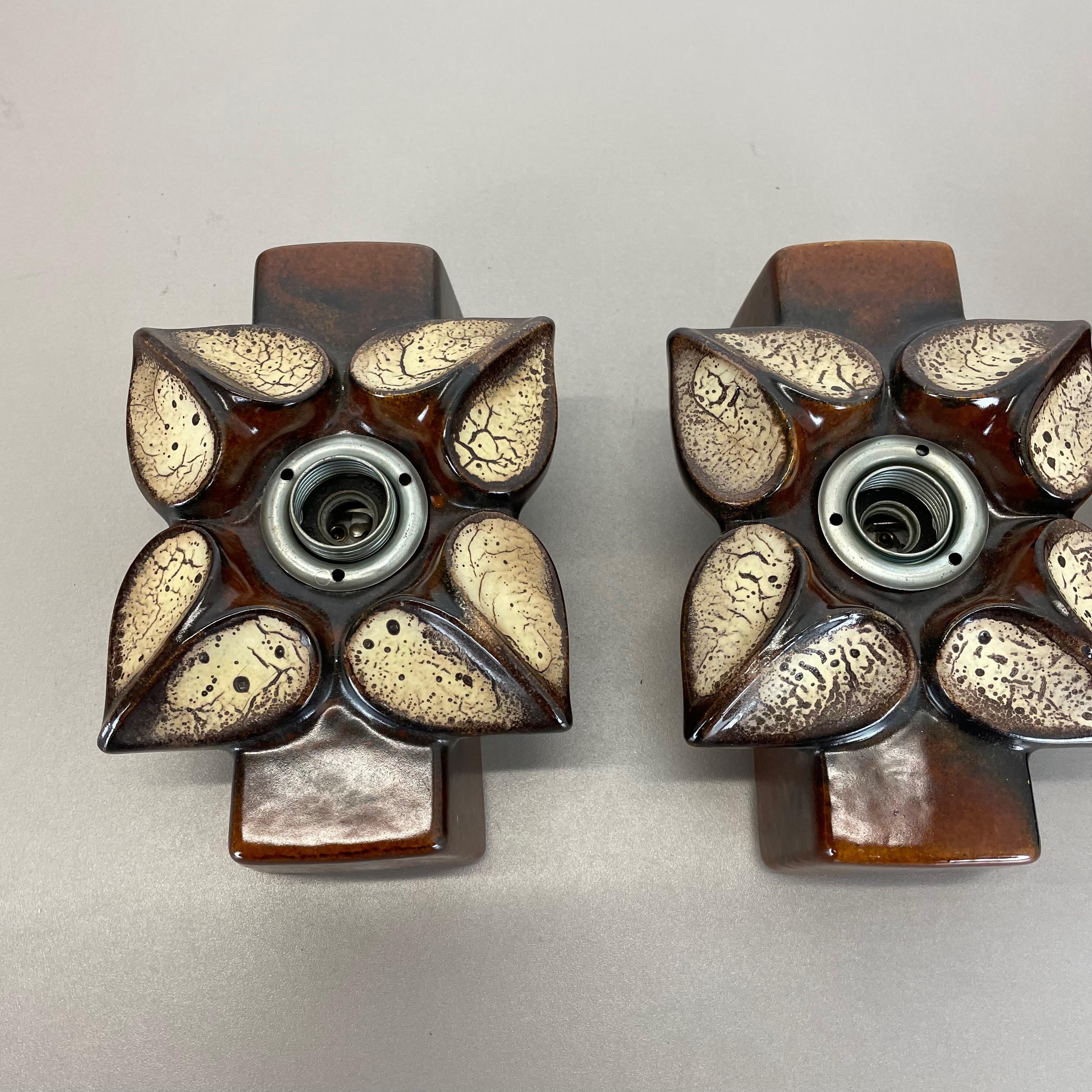20th Century Set of Three Floral Ceramic Fat Lava Wall Lights by Pan Ceramics, Germany, 1970s