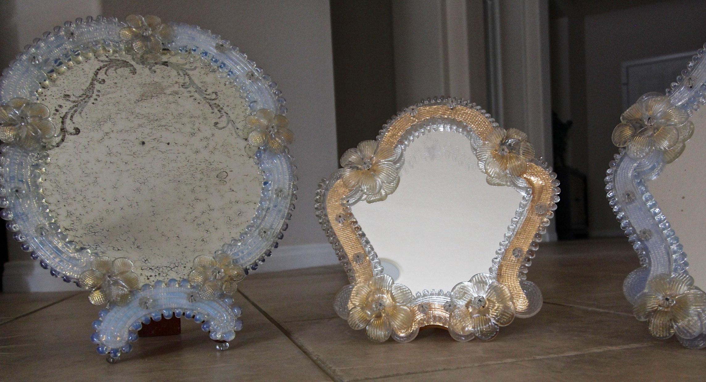 Set of Three Floral Venetian Glass Murano Table Mirrors 7