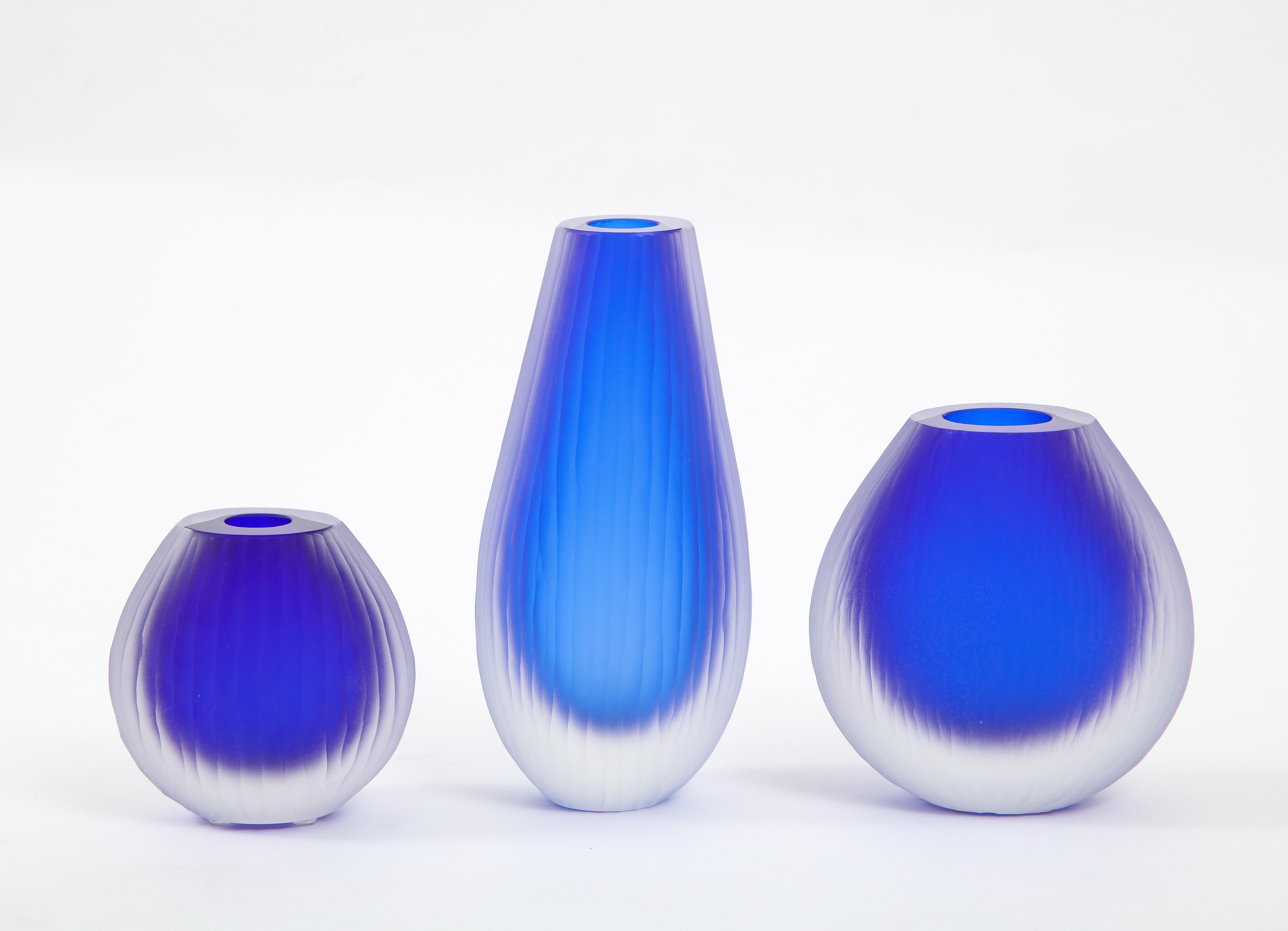 Italian Set of Three Fluted Cobalt Blue Murano Glass Vases Signed by Alberto Donà