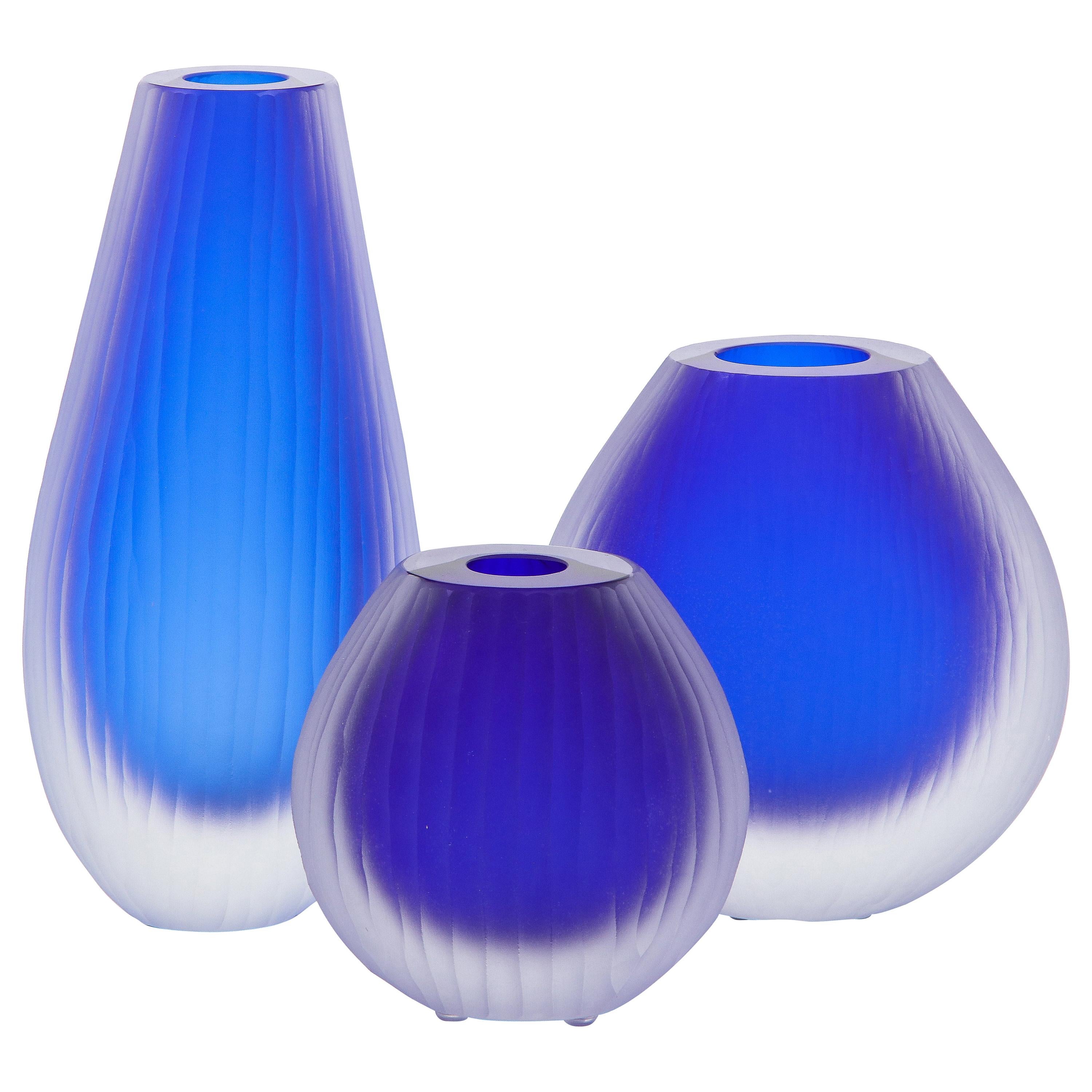 Set of Three Fluted Cobalt Blue Murano Glass Vases Signed by Alberto Donà