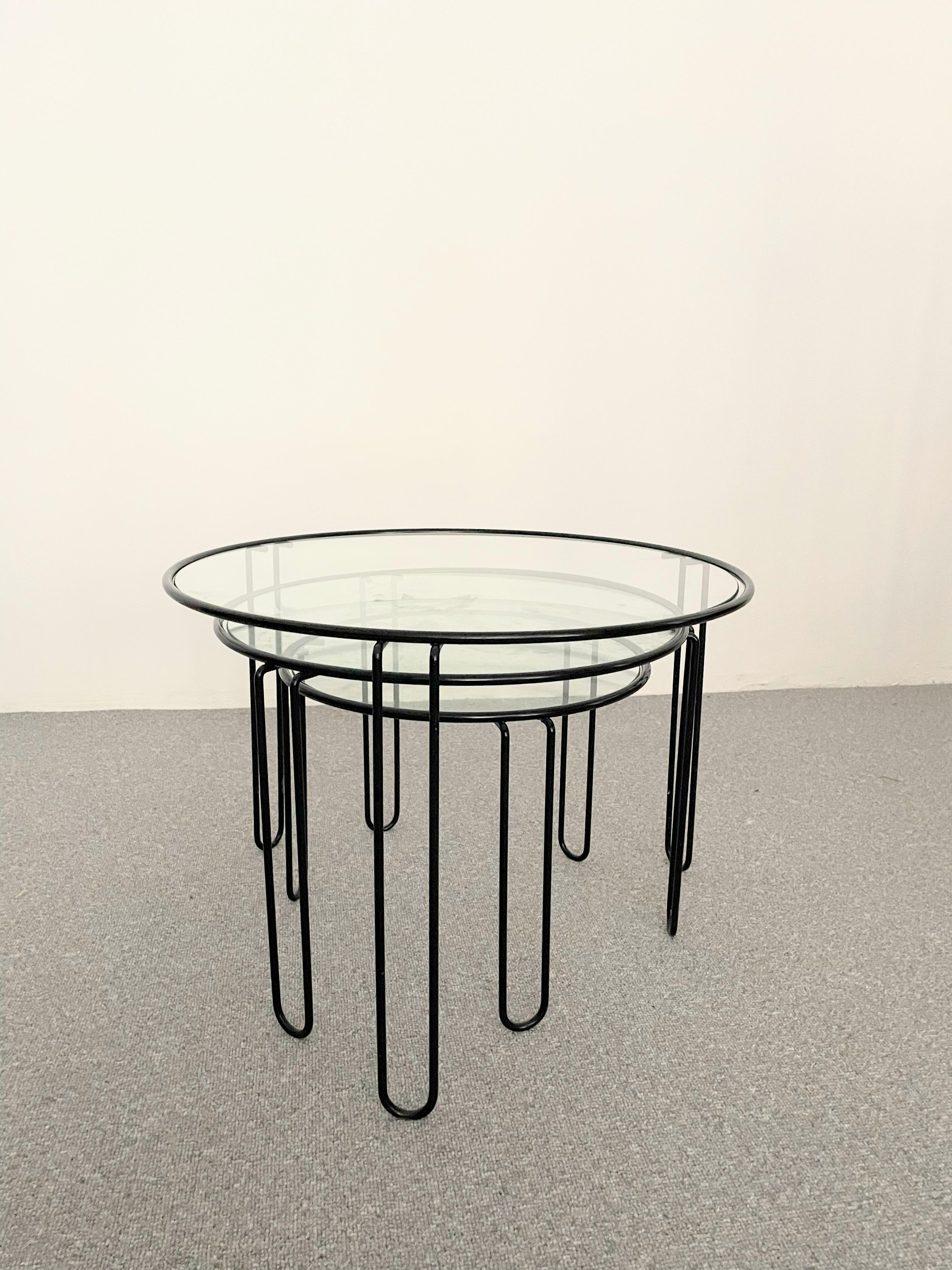 Late 20th Century Set of Three Fly Line Round Wire Nesting Tables, Italy, 1970s