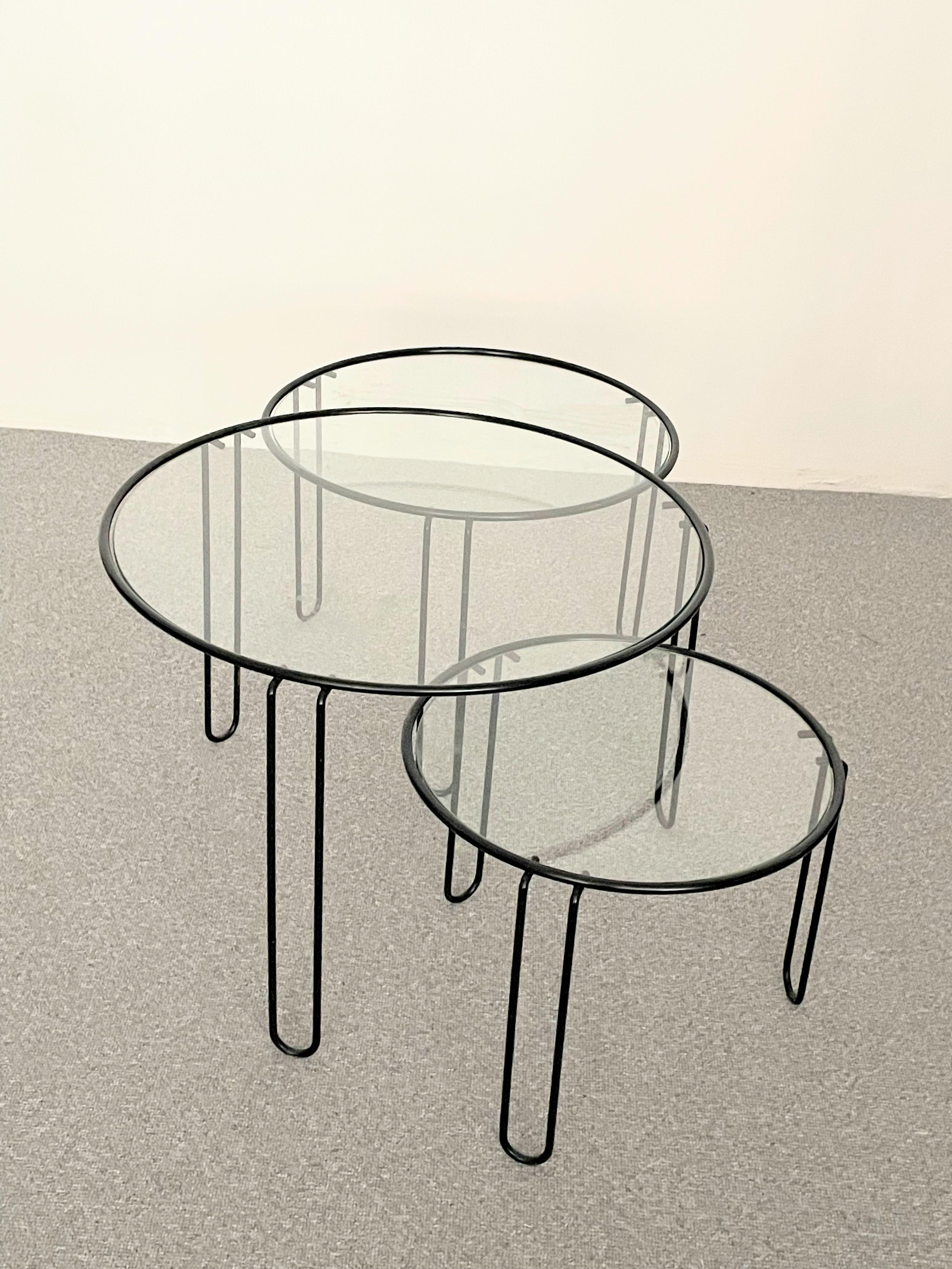 Set of Three Fly Line Round Wire Nesting Tables, Italy, 1970s 1