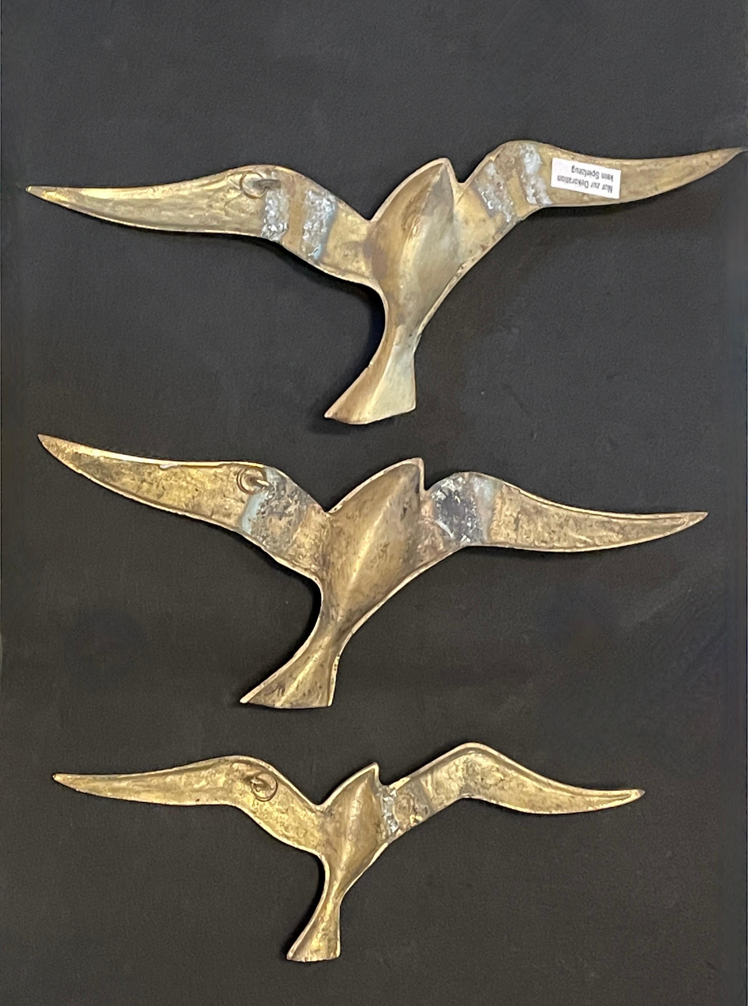 Mid-Century Modern Set of Three Flying Swallows Birds Brass Metal Wall Decoration Vintage, 1960s For Sale