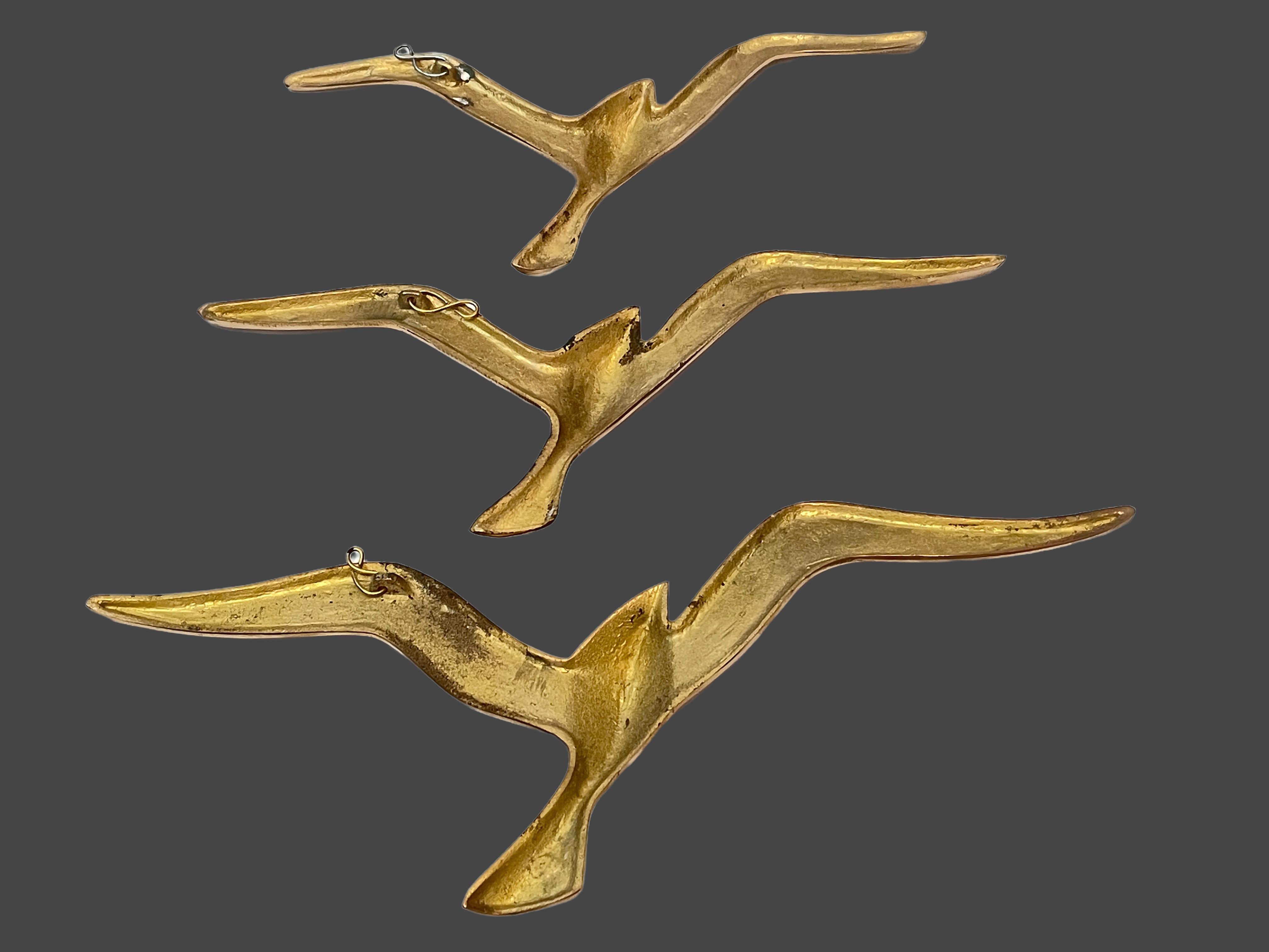 Mid-20th Century Set of Three Flying Swallows Birds Brass Metal Wall Decoration Vintage, 1960s