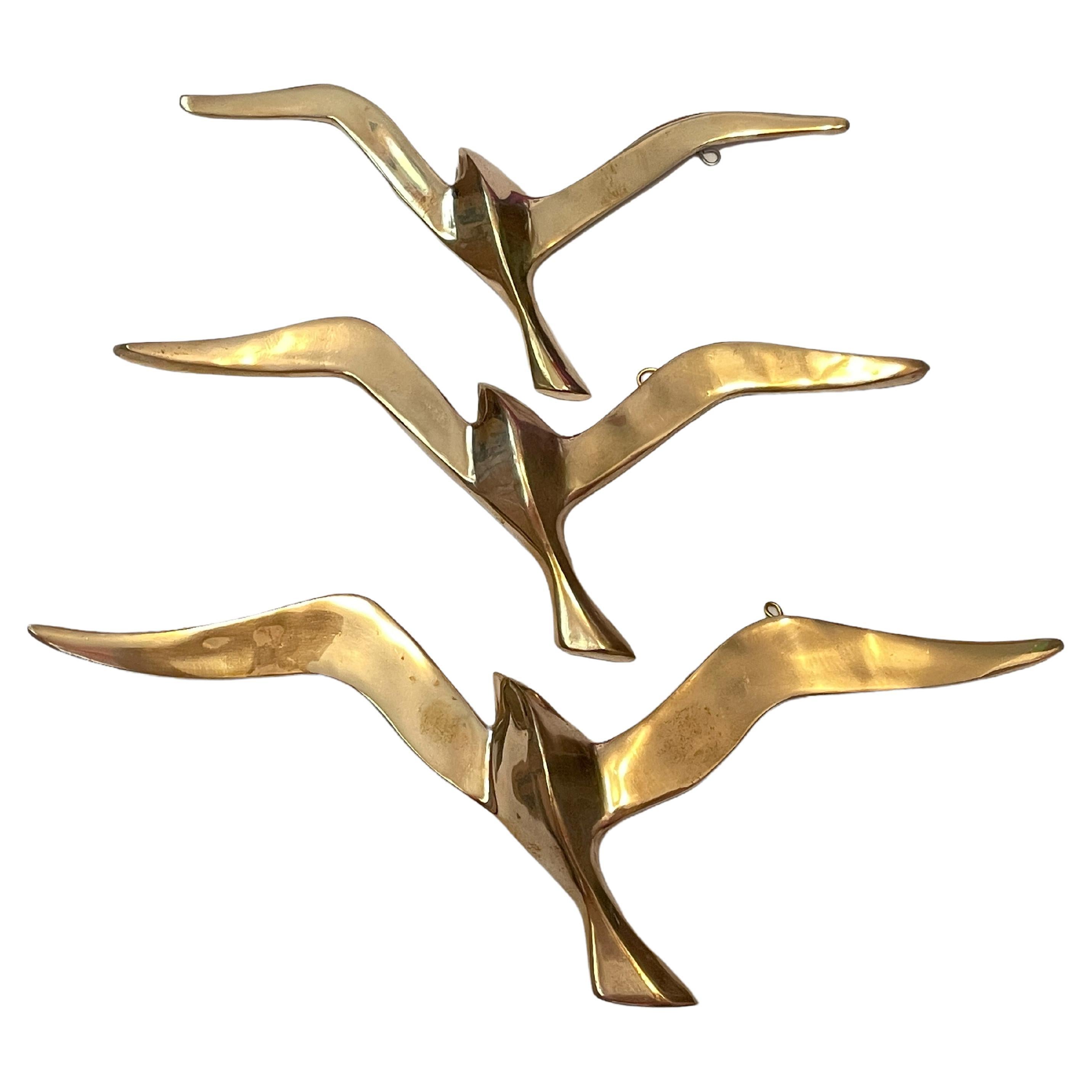 Set of Three Flying Swallows Birds Brass Metal Wall Decoration Vintage, 1960s