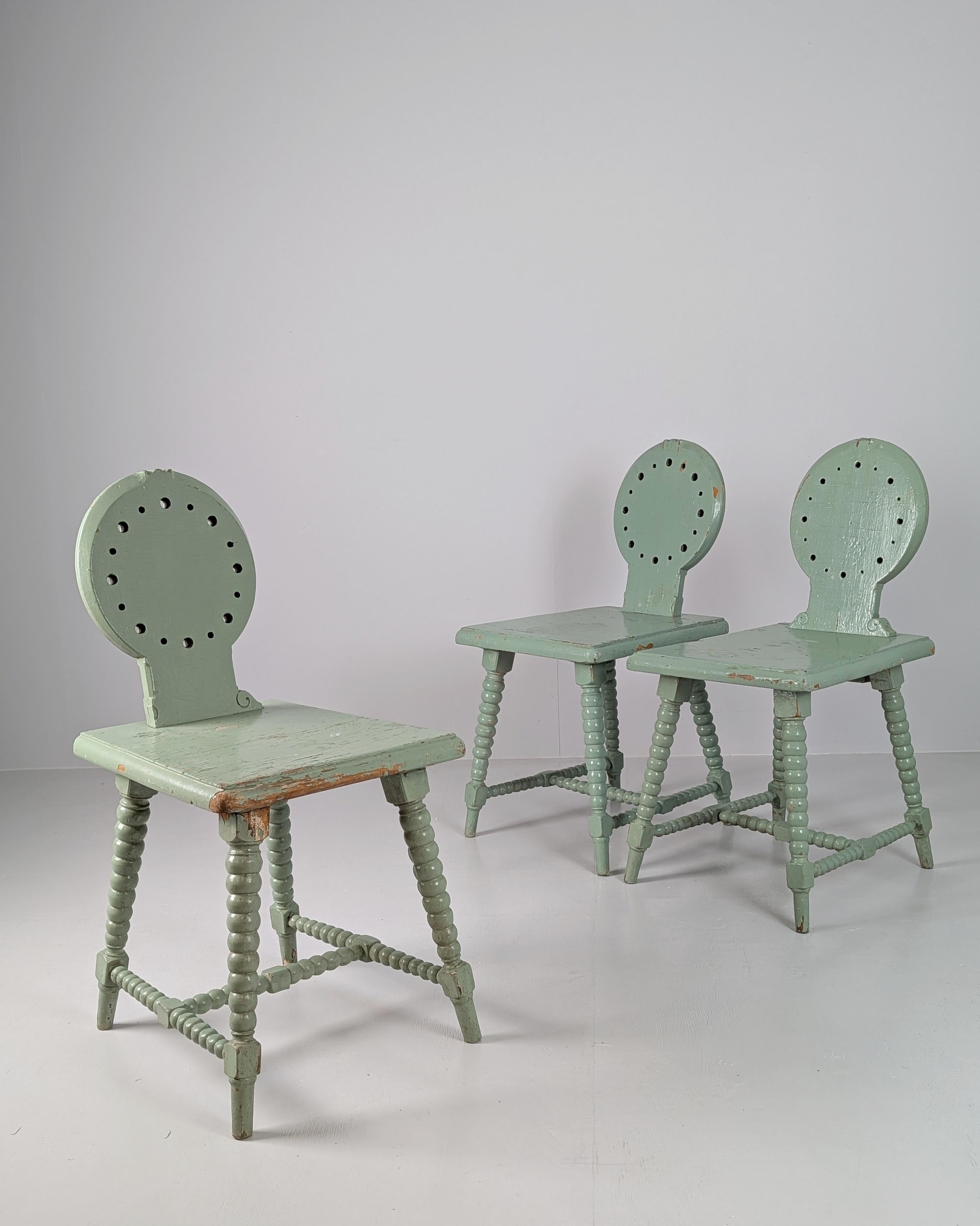 Set of Three Folk / Tyrolean-Style Chairs in Mint Green, Finland c. Early 1900s For Sale 9