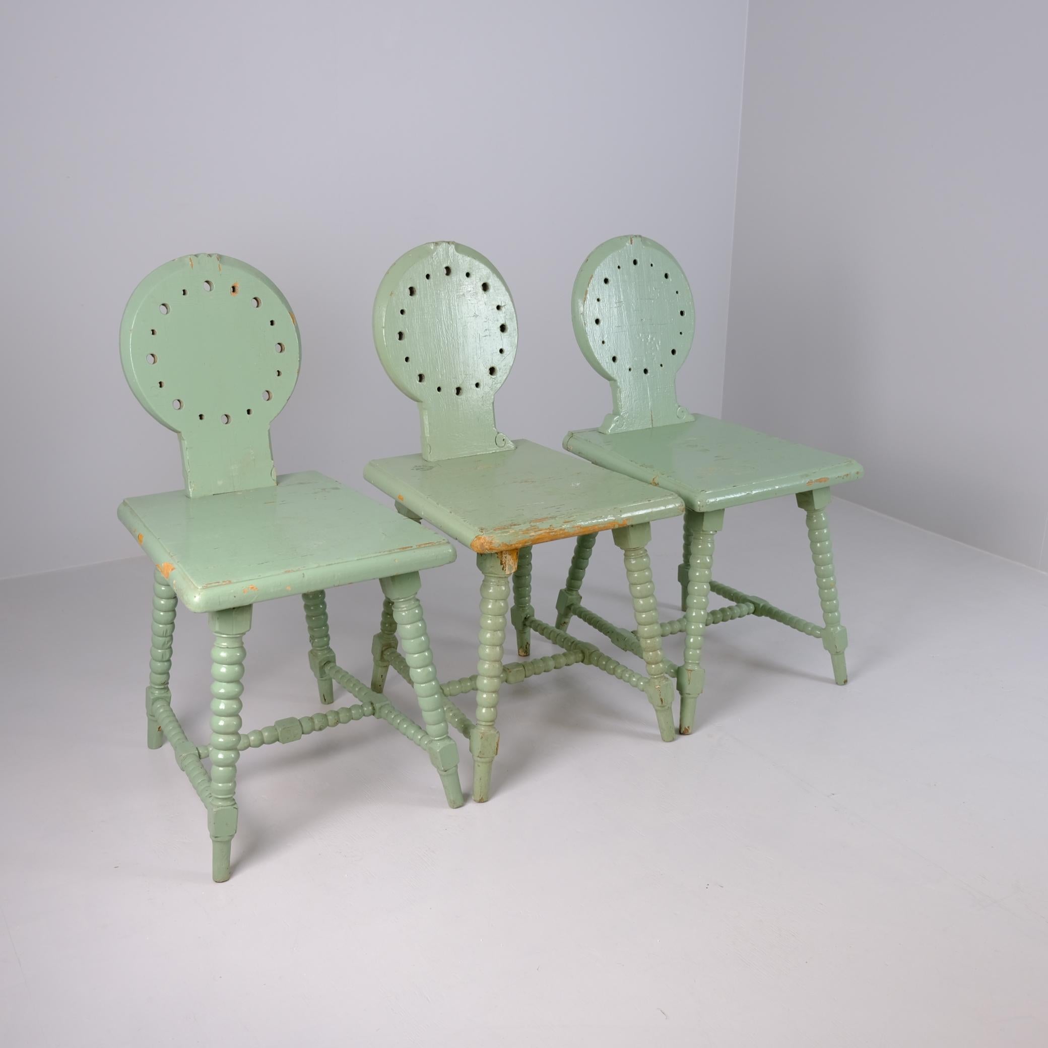 Folk Art Set of Three Folk / Tyrolean-Style Chairs in Mint Green, Finland c. Early 1900s For Sale