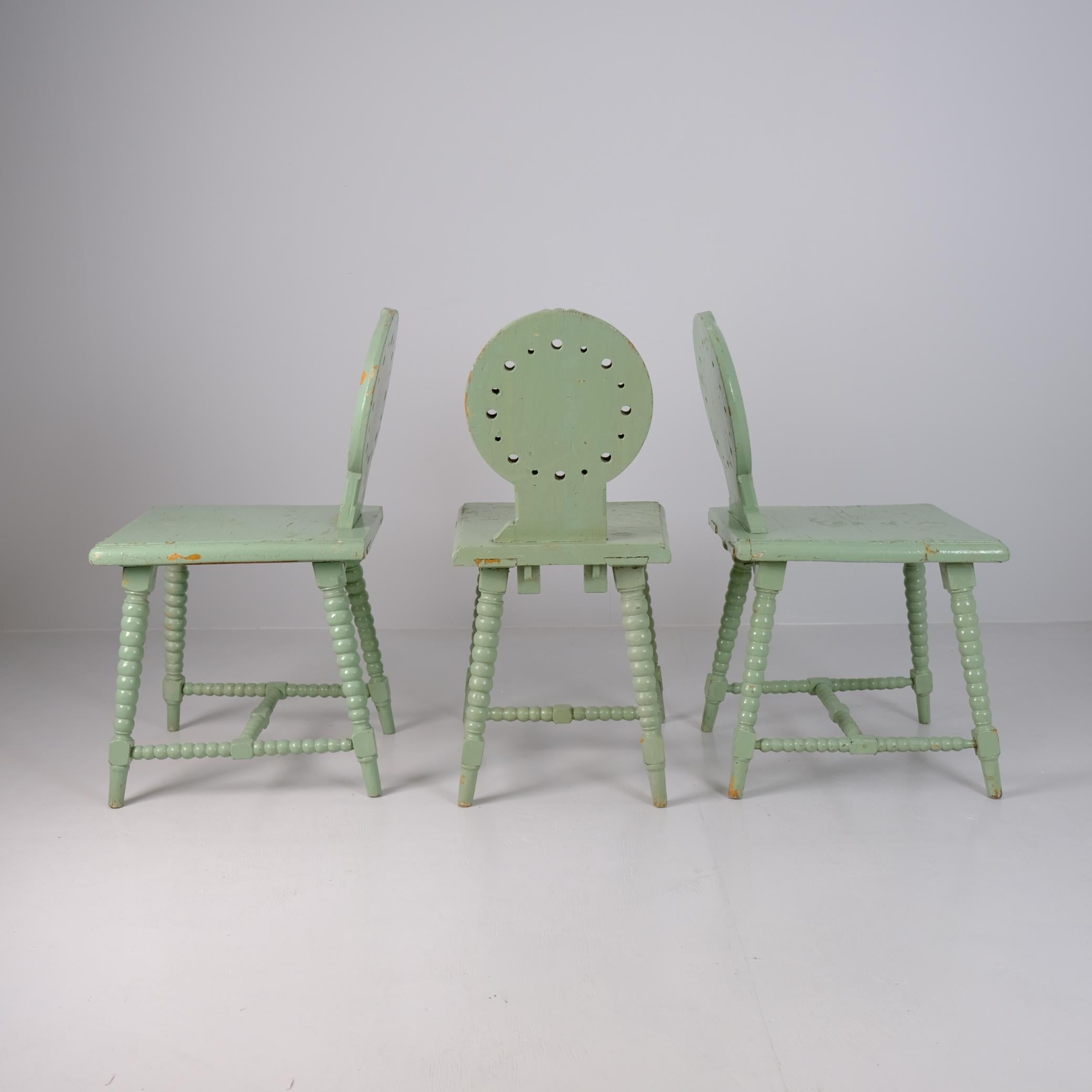 Finnish Set of Three Folk / Tyrolean-Style Chairs in Mint Green, Finland c. Early 1900s For Sale