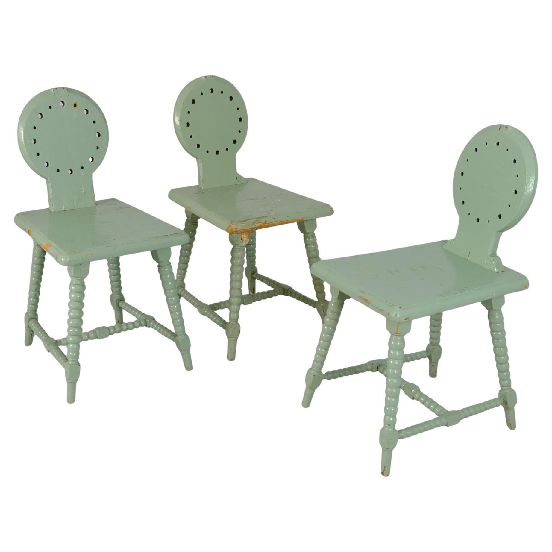 Set of Three Folk / Tyrolean-Style Chairs in Mint Green, Finland c. Early 1900s For Sale