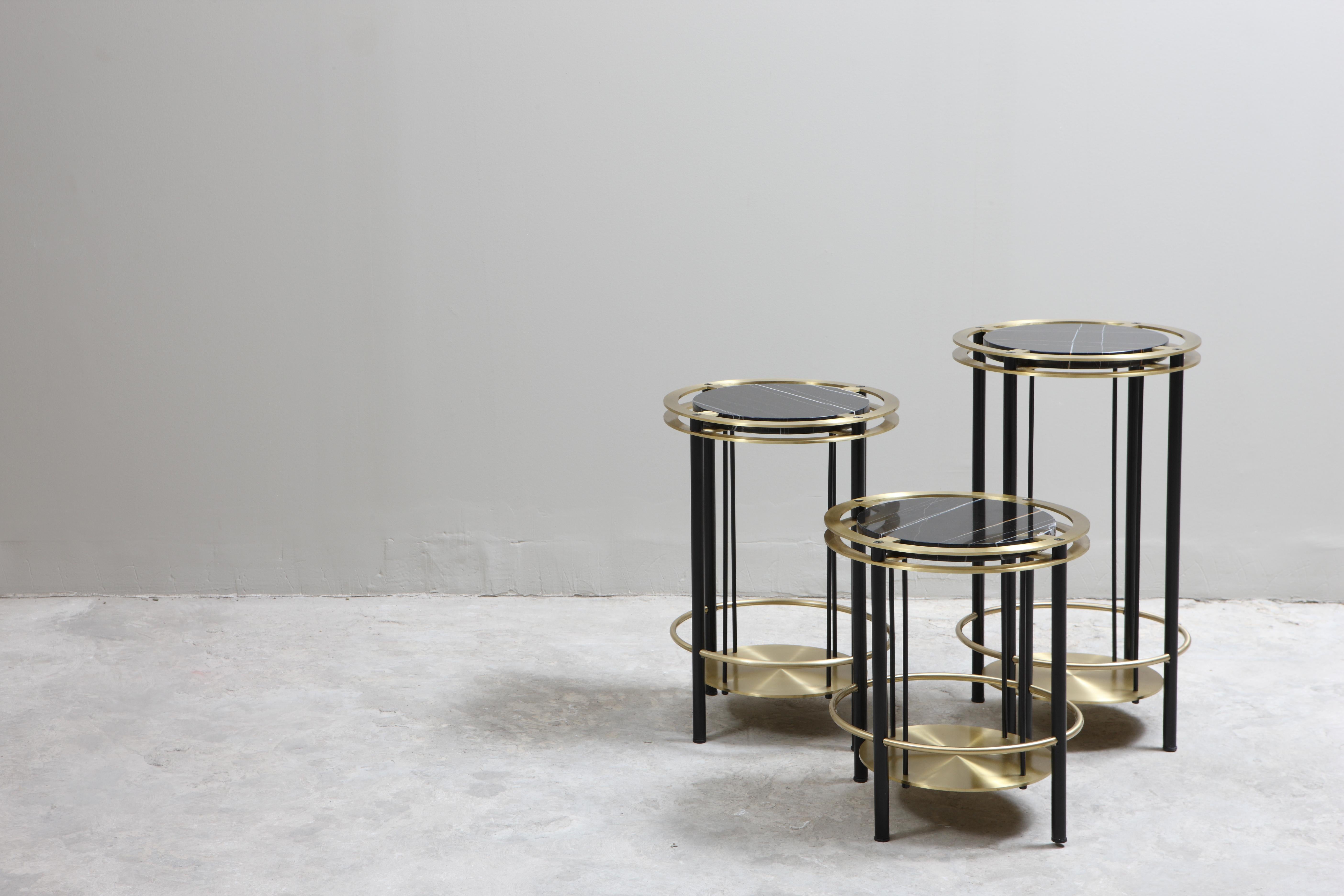 Other Set of Three Frame Side Tables in Brass, Steel and Thala Black Marble, Studio A For Sale