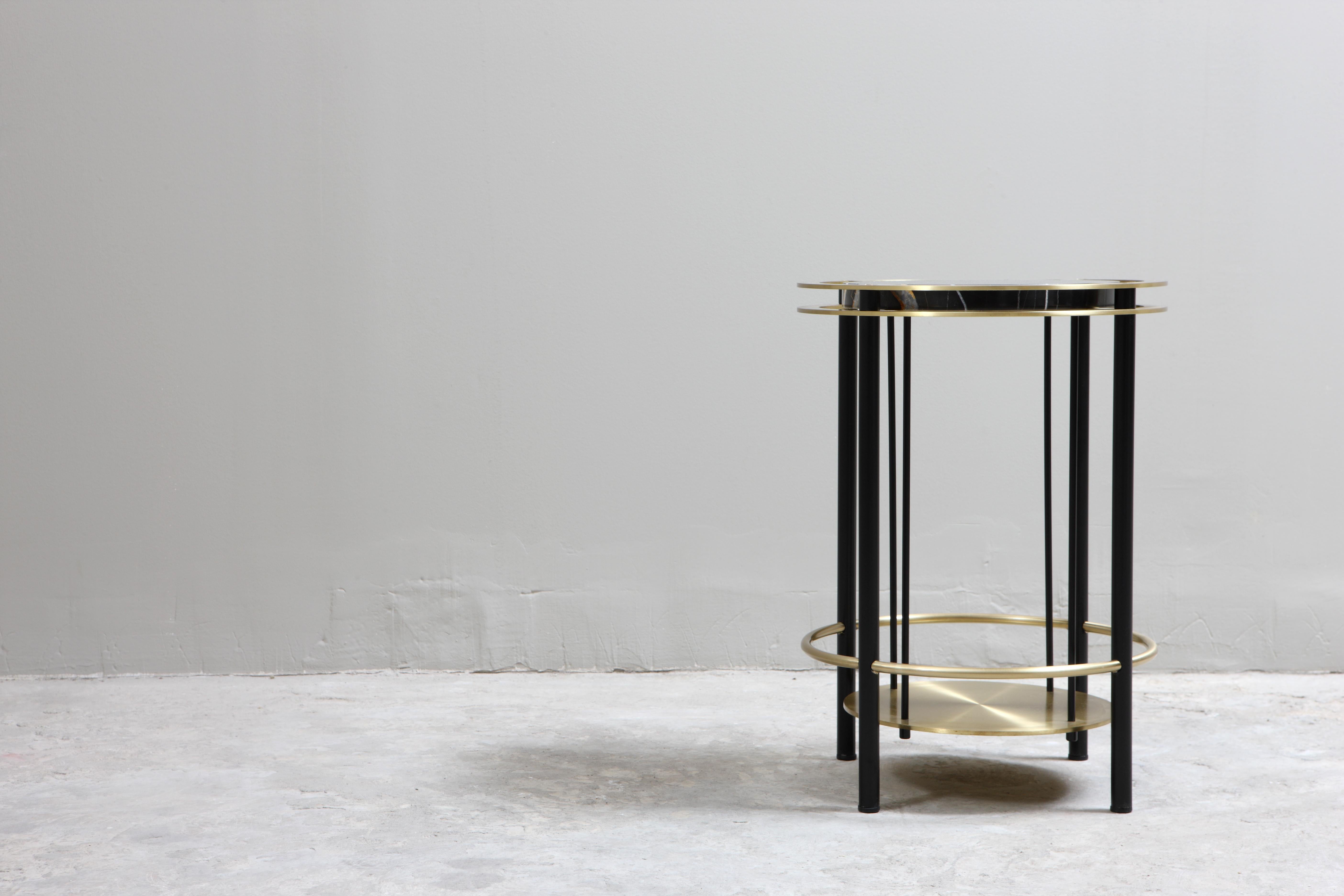 Lebanese Set of Three Frame Side Tables in Brass, Steel and Thala Black Marble, Studio A For Sale
