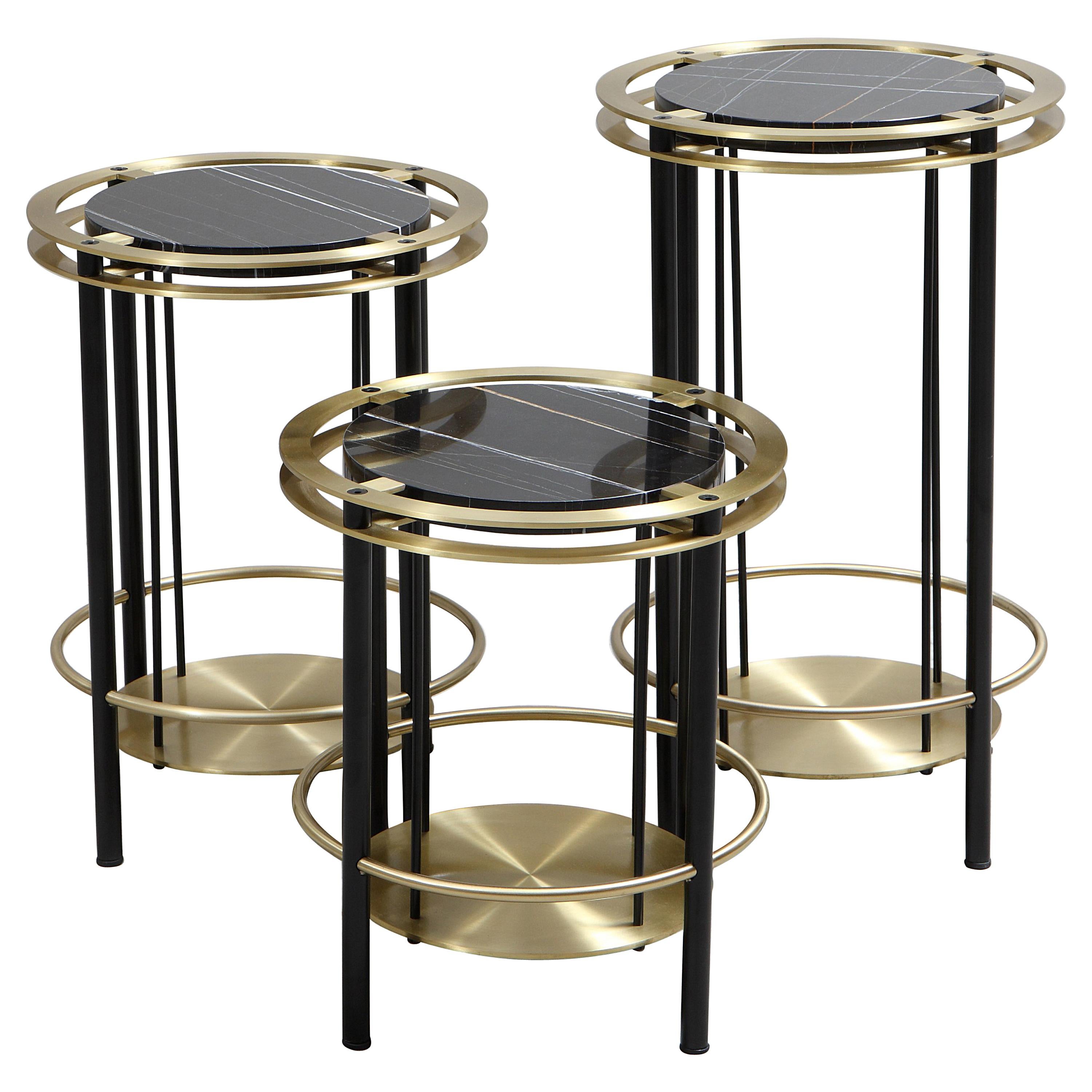 Set of Three Frame Side Tables in Brass, Steel and Thala Black Marble, Studio A For Sale