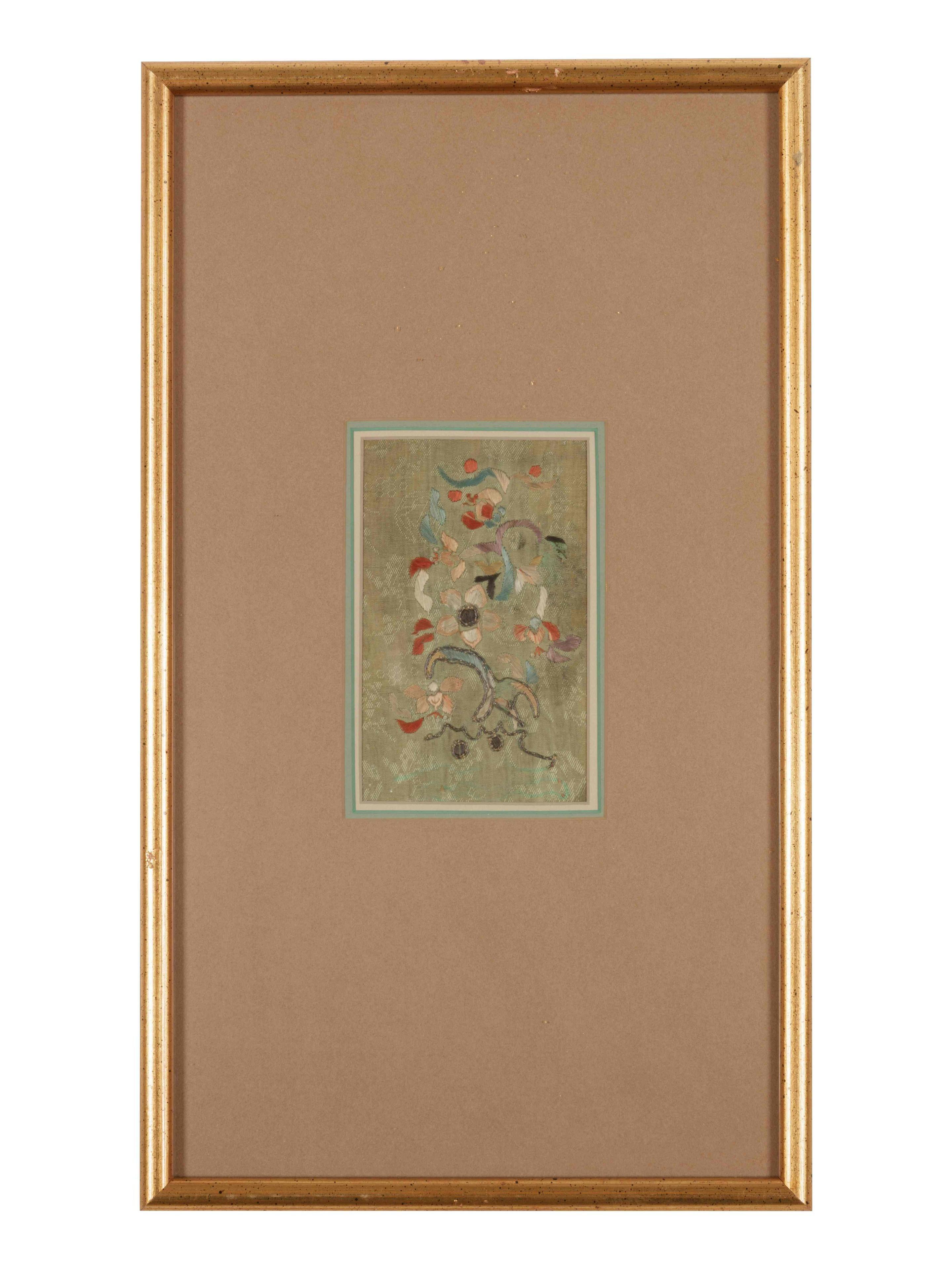A set of three antique textile fragments from China, circa 18-19th century Qing dynasty, professionally displayed in matching giltwood frames as a triptych. Originally they adorned the 