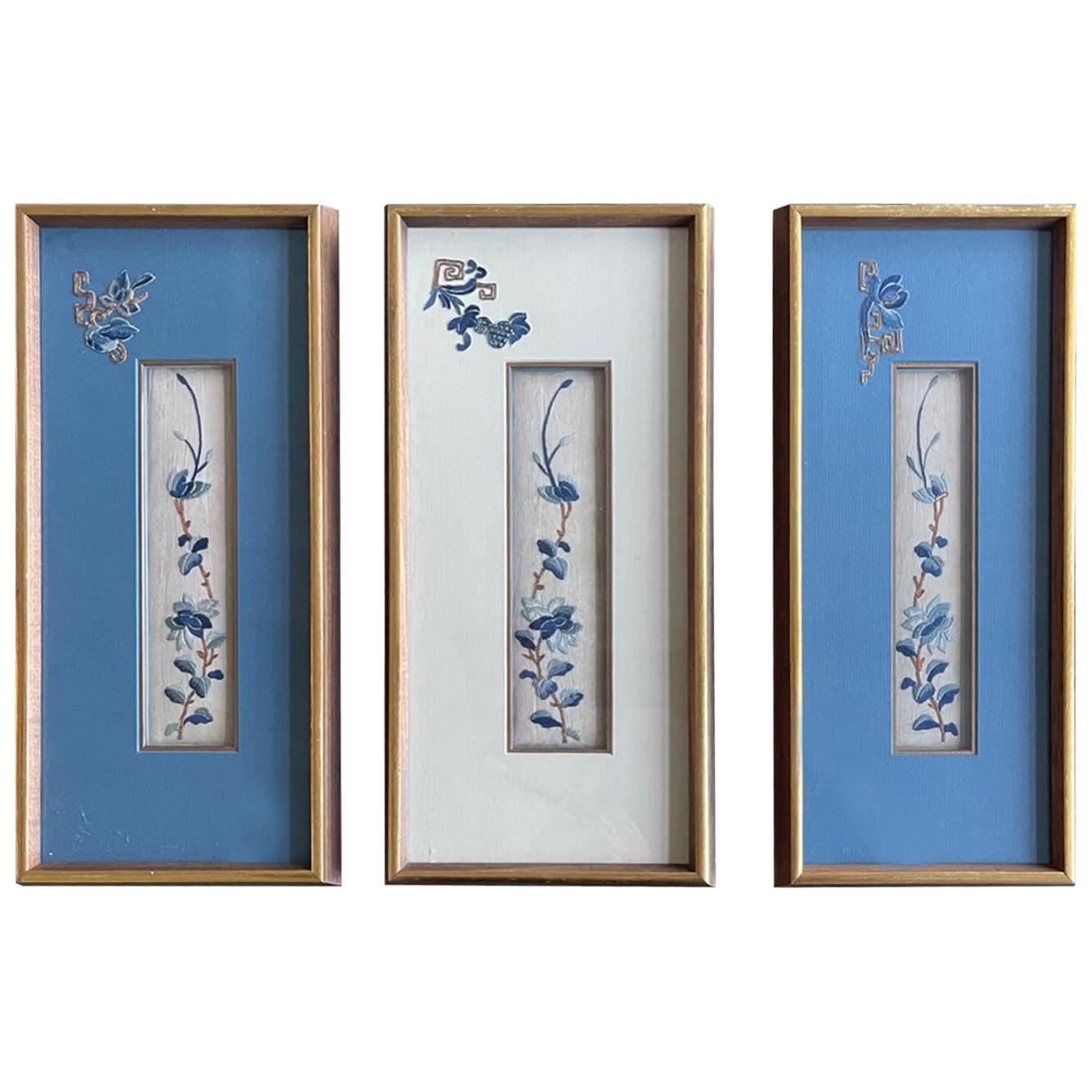 Set of Three-Framed Antique Chinese Textiles Qing Dynasty Provenance For Sale