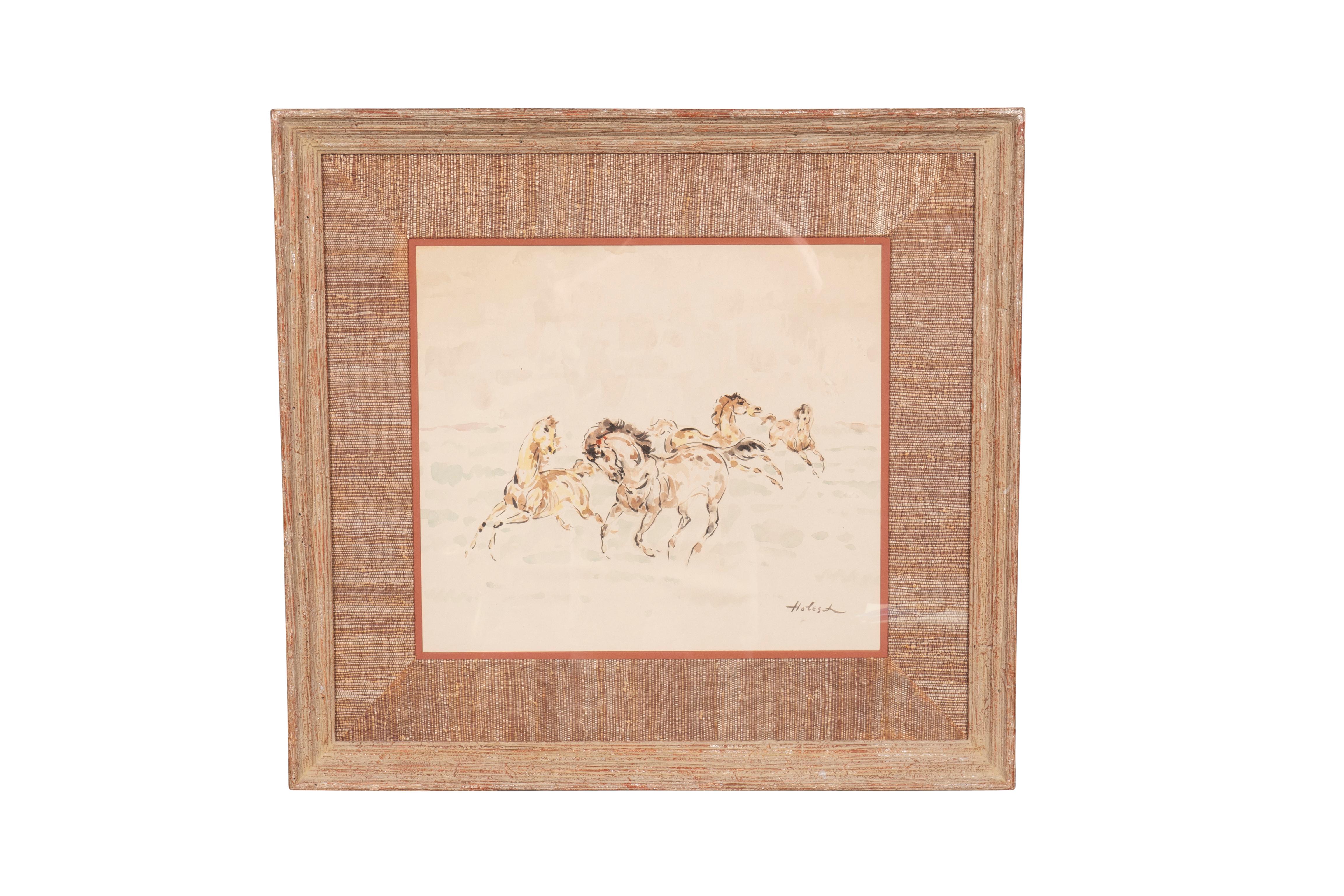 A Hungarian painter who moved to America. Years 1910-1983. Artist specialized in equestrian subjects. Framed with a bleached wood and grasscloth frame. Signed lower right. 