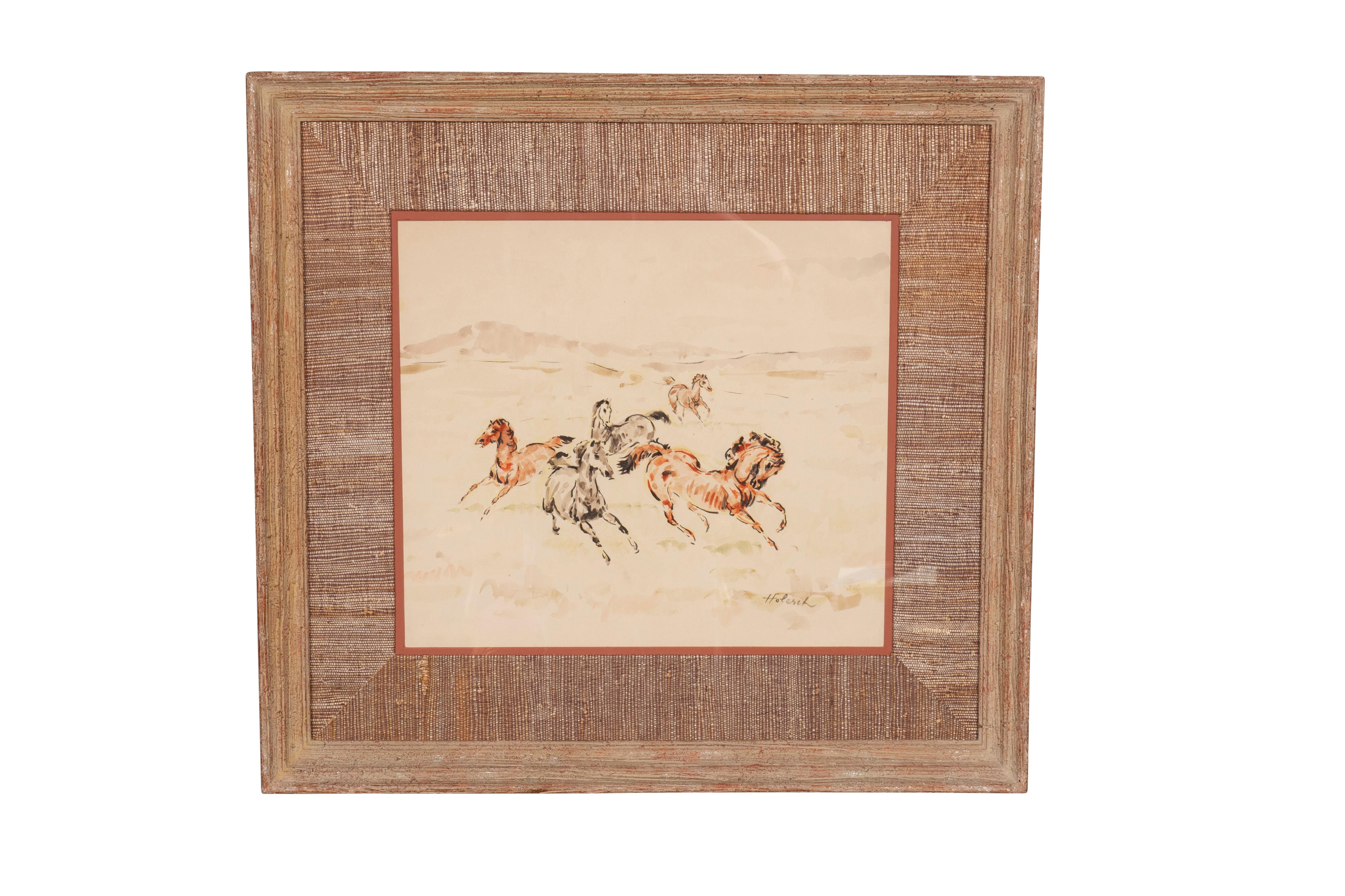 Mid-Century Modern Set Of Three Framed Equestrian Watercolors By Denes De Holesch For Sale