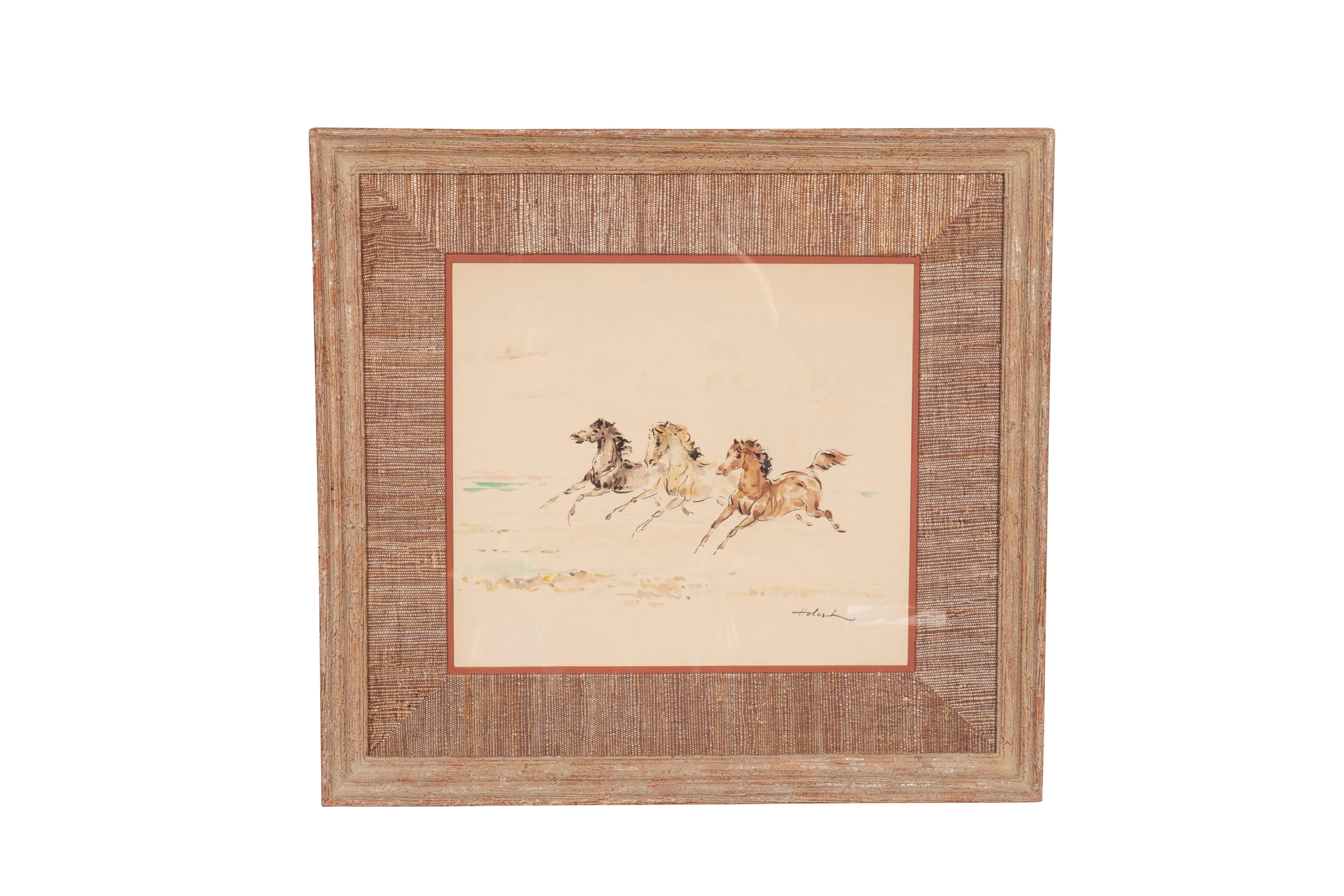 American Set Of Three Framed Equestrian Watercolors By Denes De Holesch For Sale